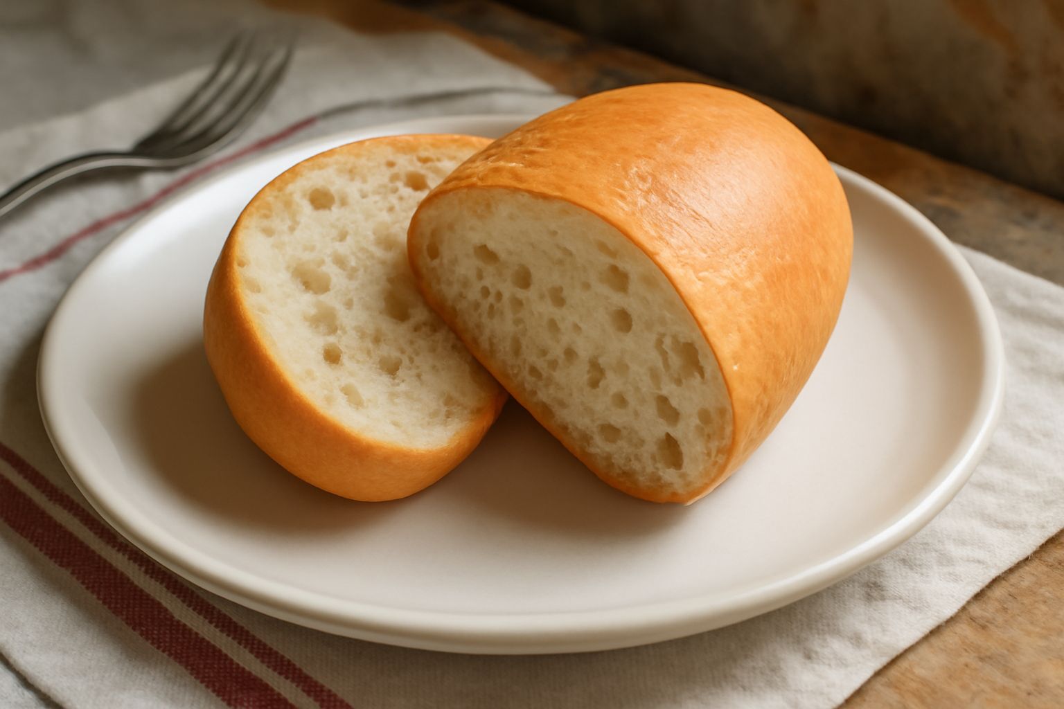 Pane di Rovigo intero e tagliato a fette, con mollica bianca alveolata e crosta dorata, su una tavola di legno con farina sparsa
