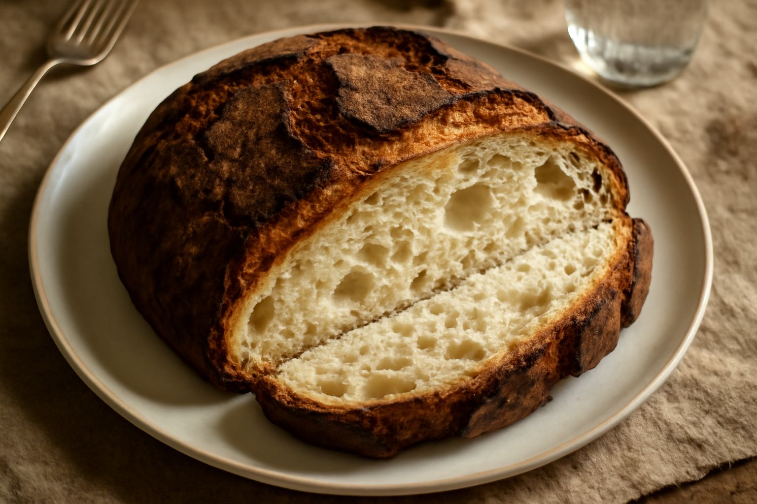 Pane di Salerno intero su un canovaccio beige, con crosta marrone scuro screpolata e spezzato in due per mostrare l'interno bianco crema con alveoli irregolari, accanto spighe di grano