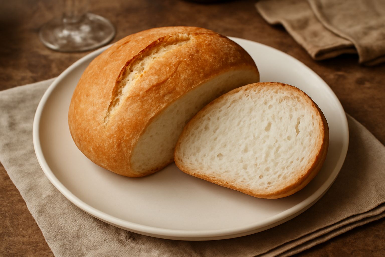 Un pane di forma ovale di colore dorato, con crosta croccante e leggermente screpolata, tagliato in fette che mostrano una mollica bianca e molto morbida, accanto a una ciotola di strutto naturale
