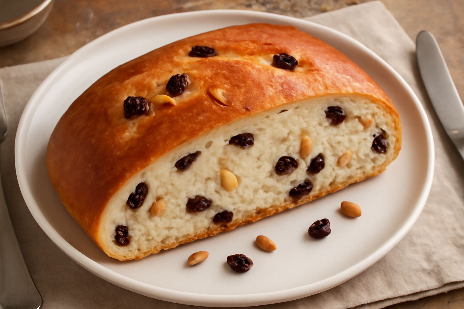 Pane di San Giuseppe dorato appena sfornato, con crosta marrone chiaro, uvetta scura visibile sulla superficie, pinoli interi sparsi, tagliato a fette che mostrano mollica soffice color crema con incl