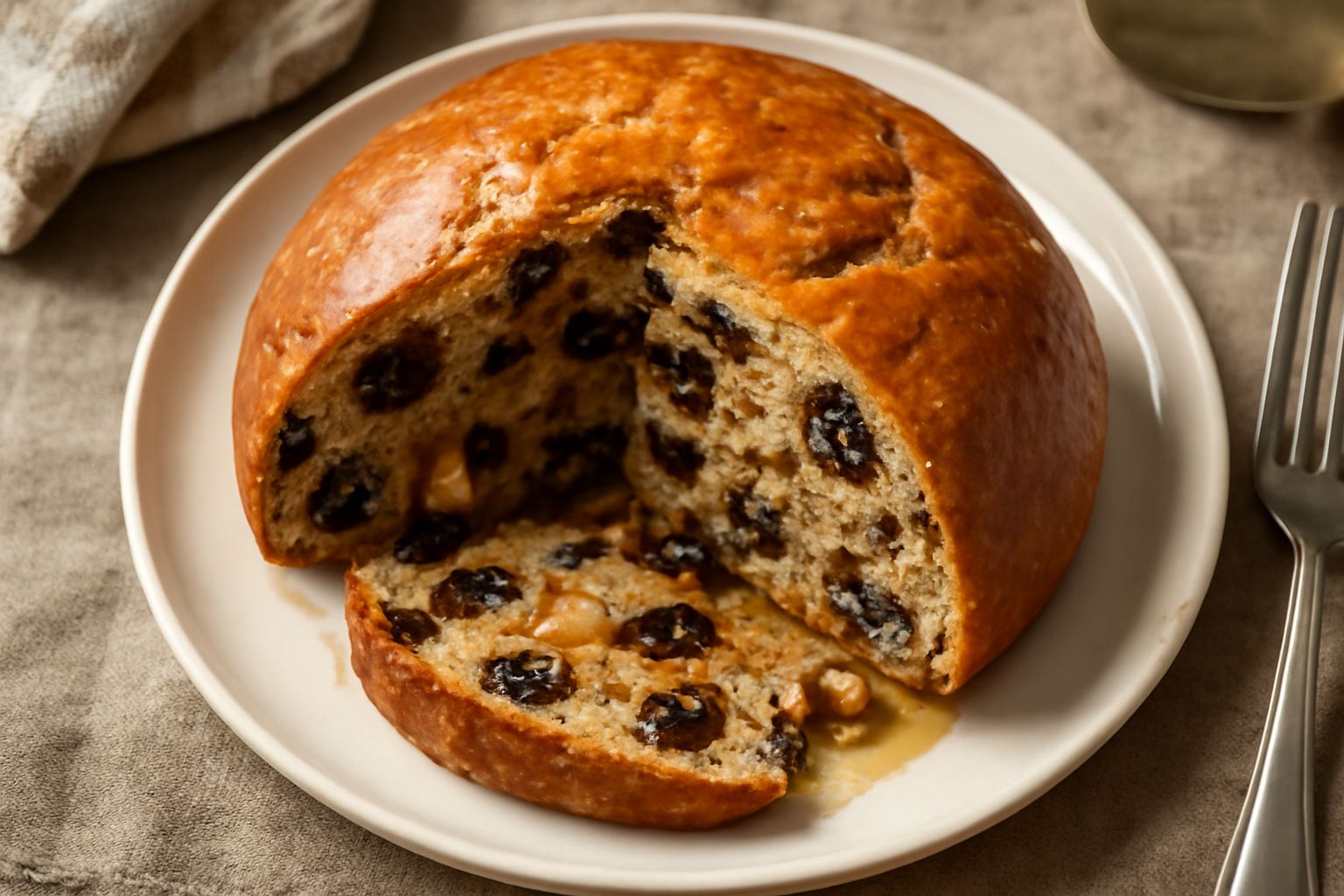 Pane di San Lorenzo affettato, dorato e profumato, con visibili pezzi di frutta secca e noci nella mollica, posto su un piatto di ceramica bianca con una tazza di tè accanto