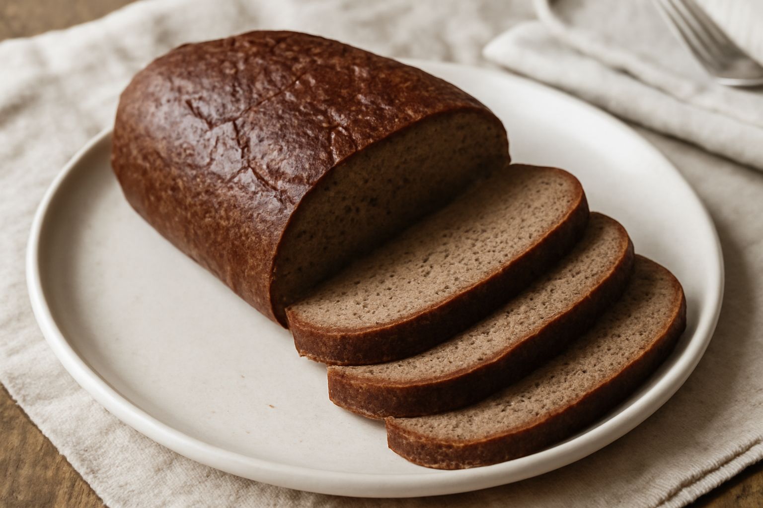 Pane di segale a fette su un tagliere di legno, superficie scura e screpolata, mollica compatta color nocciola, fianco sinistro rotto per mostrare la texture interna