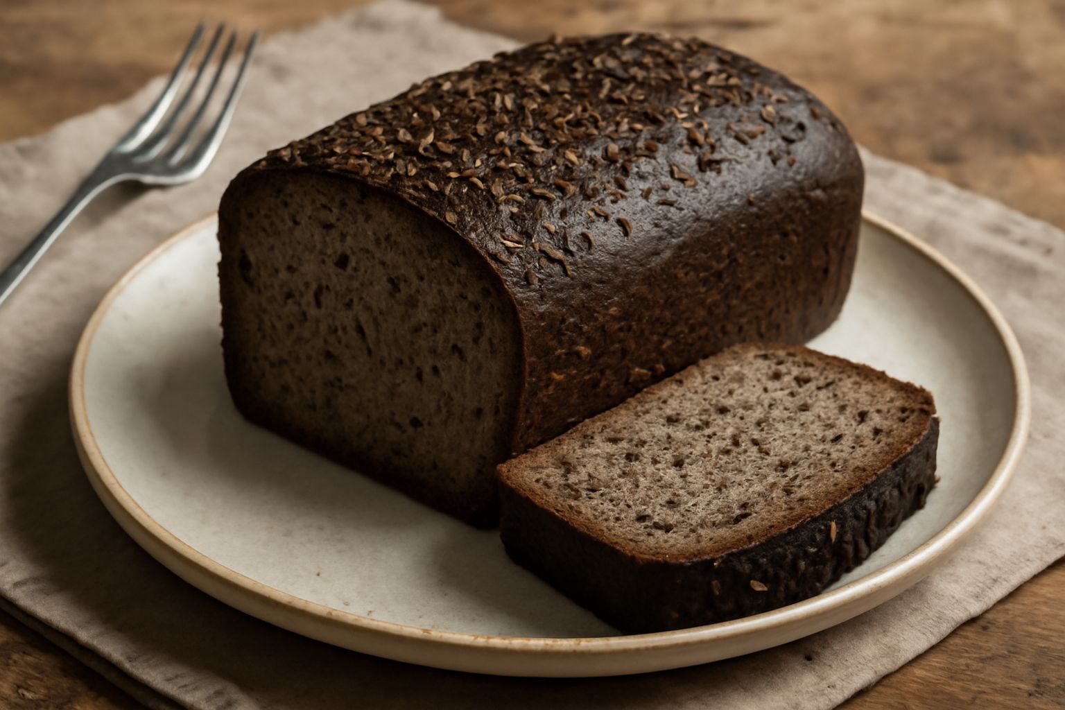 Pane di segale scuro a fette spesse, con crosta marrone quasi nera, interno grigio denso, semi di carvi visibili sulla superficie e nei tagli, posato su una tavola di legno con qualche seme sparso acc