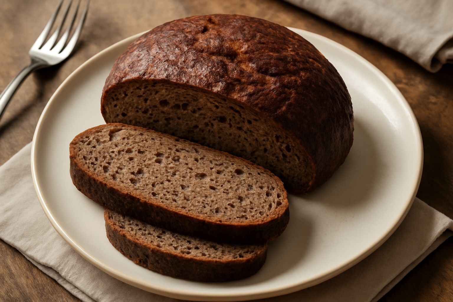 Pane di segale scuro e compatto, affettato, con crosta marrone scuro e mollica grigio-marrone fitta, poggiato su tavolo di legno con spighe di segale