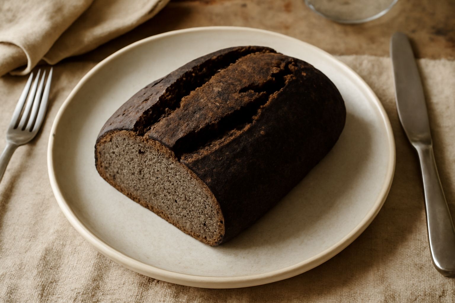 Pane di segale scuro con crosta marrone intenso, tagliato a fette che mostrano una miga compatta grigio-marrone, appoggiato su un tavolo di legno rustico con una spiga di segale accanto