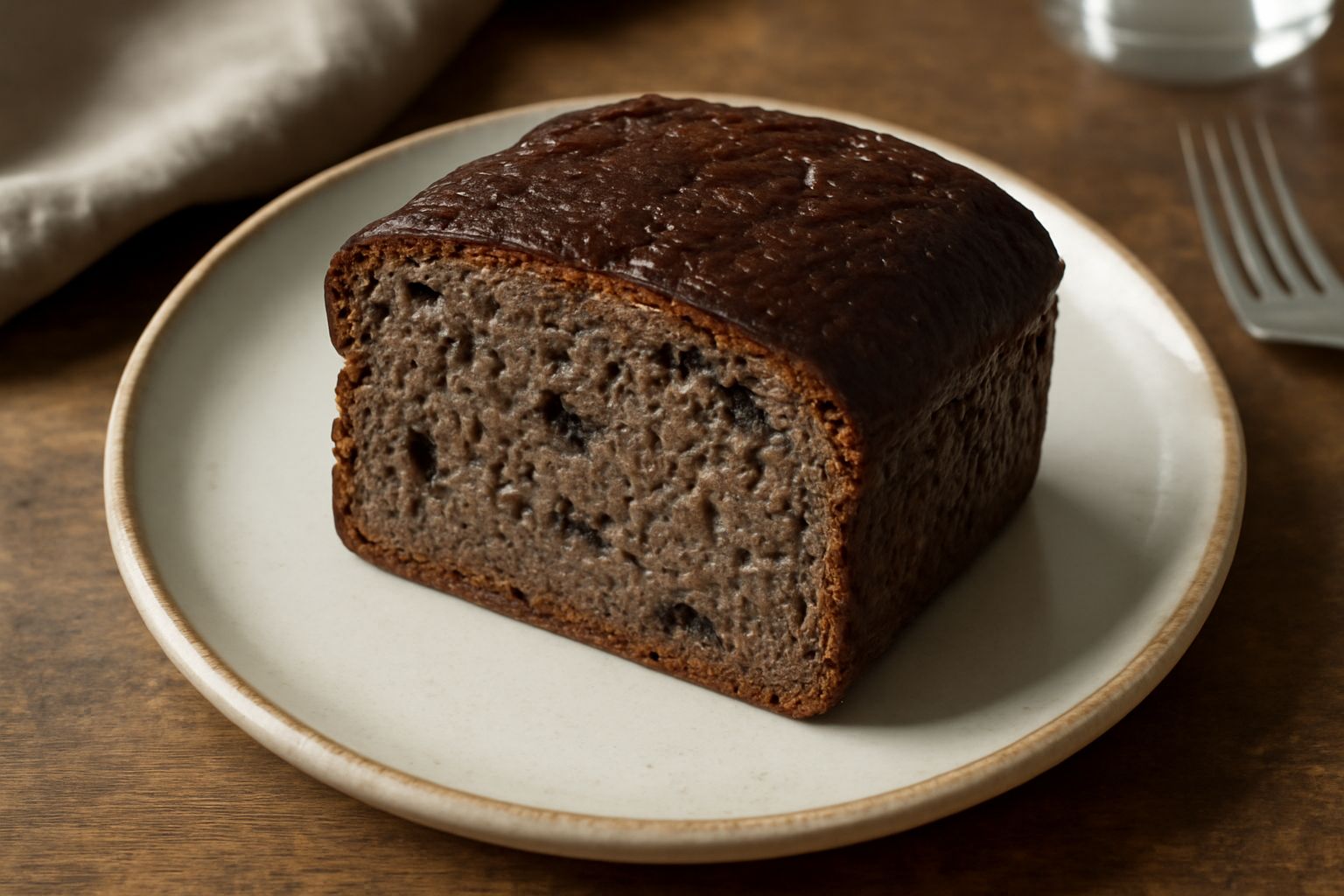 Pane di segale dolce a fette su un tagliere di legno, con crosta marrone scuro e migliae, texture visibile densa e granulosa, accanto una ciotola con miele liquido e uvetta sparsa
