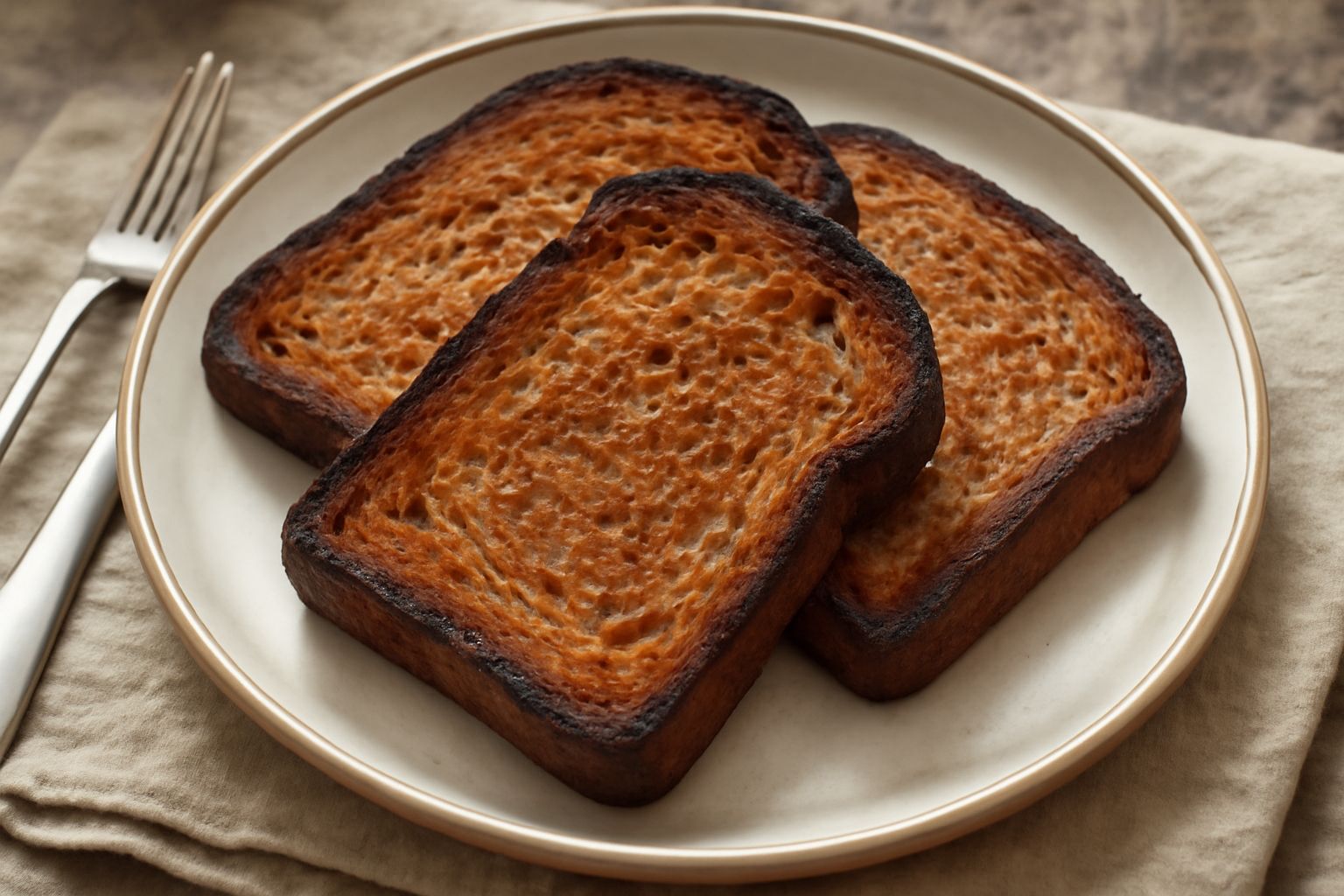 Fette di pane di segale tostato dal colore scuro e uniforme, disposte su una tavola di legno con una crosta dorata e increspata, ancora tiepide