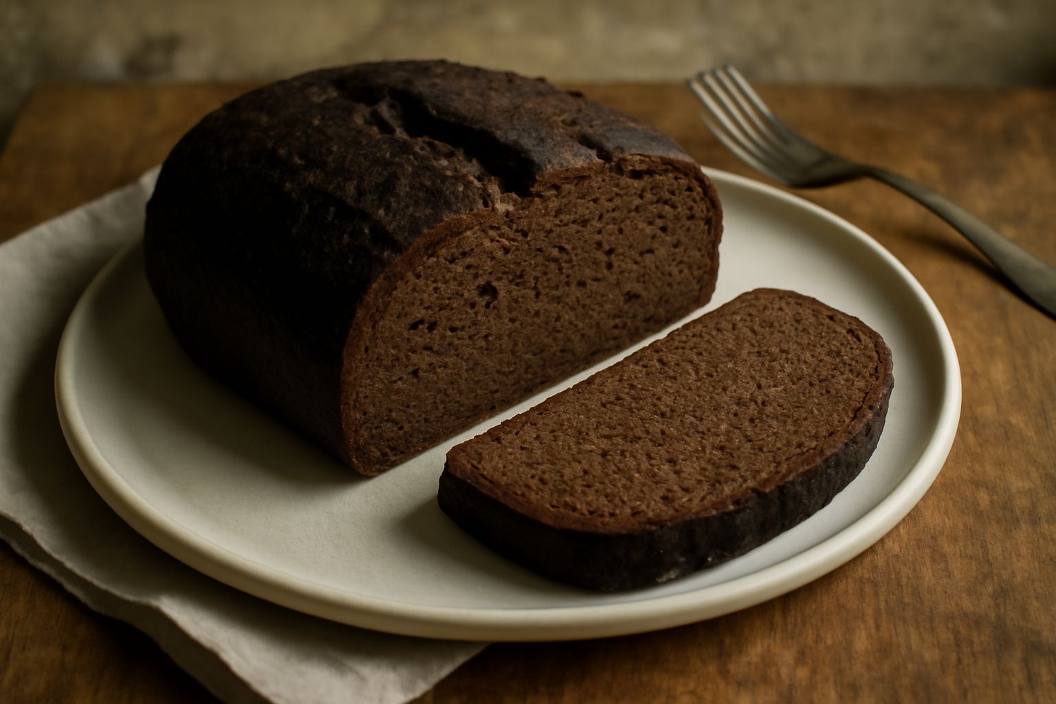 Pagnotta di pane di segale veneto, di colore marrone scuro, affettata su un tagliere di legno, con mollica densa e porosa, crosta ruvida, accanto a un coltello da pane e spighe di segale