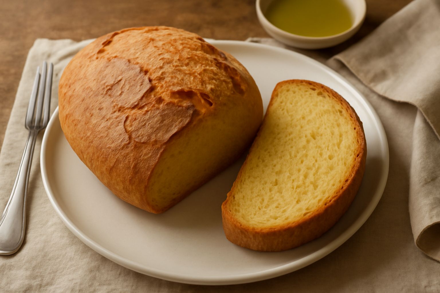 Un pane di semola tagliato a metà mostra una miga gialla compatta e omogenea, con una crosta dorata e croccante. Il pane intero è posato su un canovaccio bianco di lino, accanto a un coltello da pane 