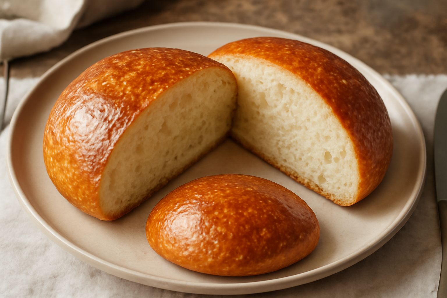 Pane di semola abbrustolito tondo con crosta dorata e lucida, tagliato a metà per mostrare la miga bianca e soffice, poggiato su un canovaccio beige