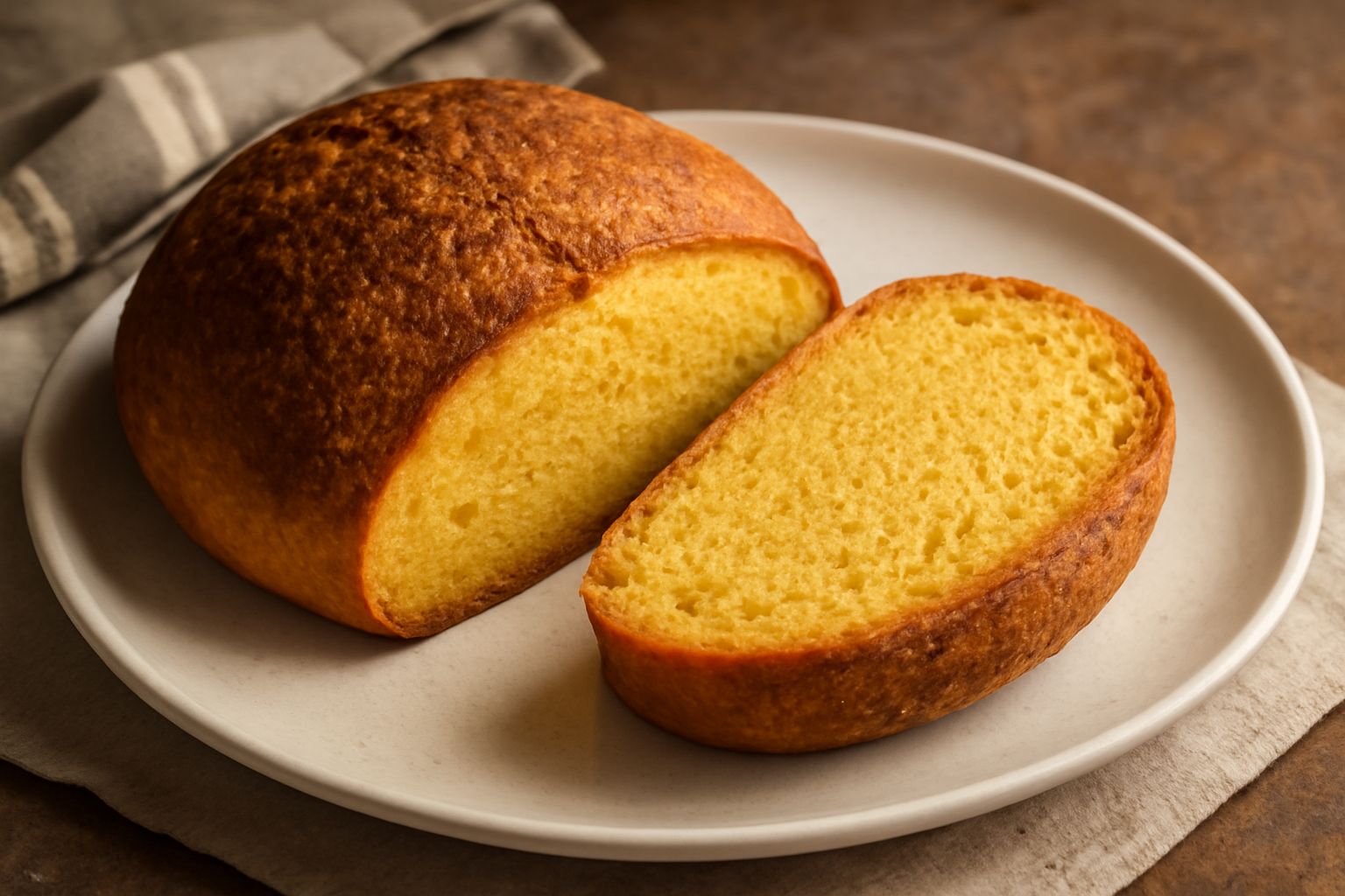 Pane di semola di forma tonda, crosta dorata e leggermente rugosa, tagliato a metà per mostrare la mollica giallo-ocra compatta, posato su tavolo di legno con spighe di grano intorno