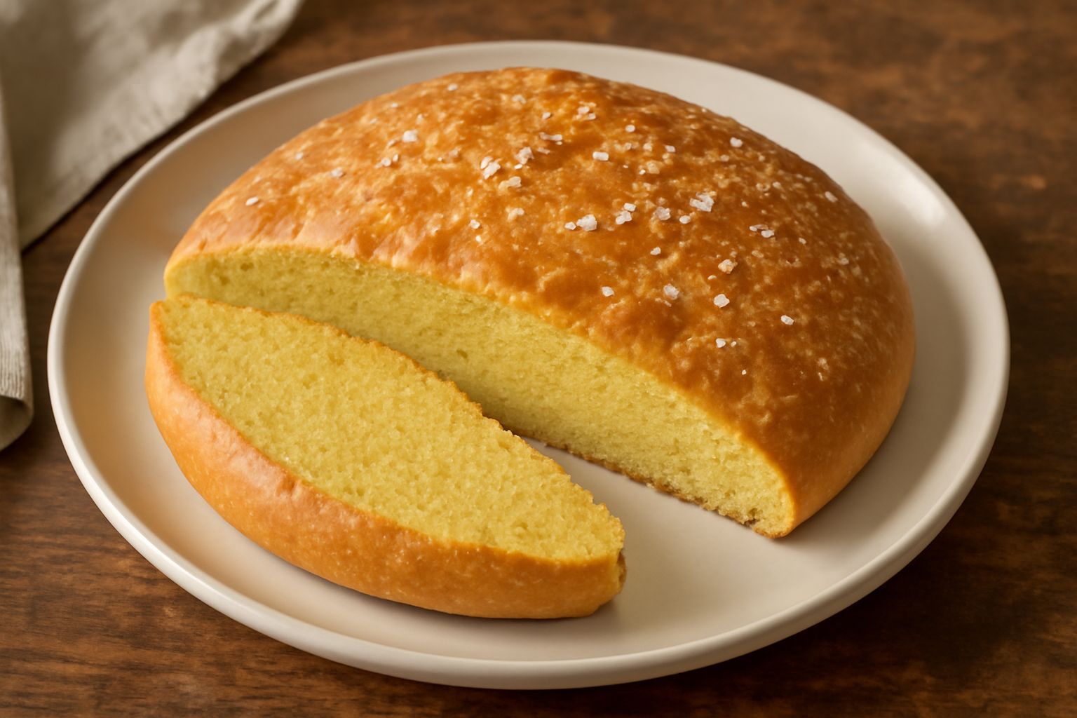 Pane di semola azzimato tagliato a metà su un piatto bianco, con crosta dorata e croccante, mollica giallo paglierino compatta, grani di sale marino visibili in superficie, accanto spighe di grano