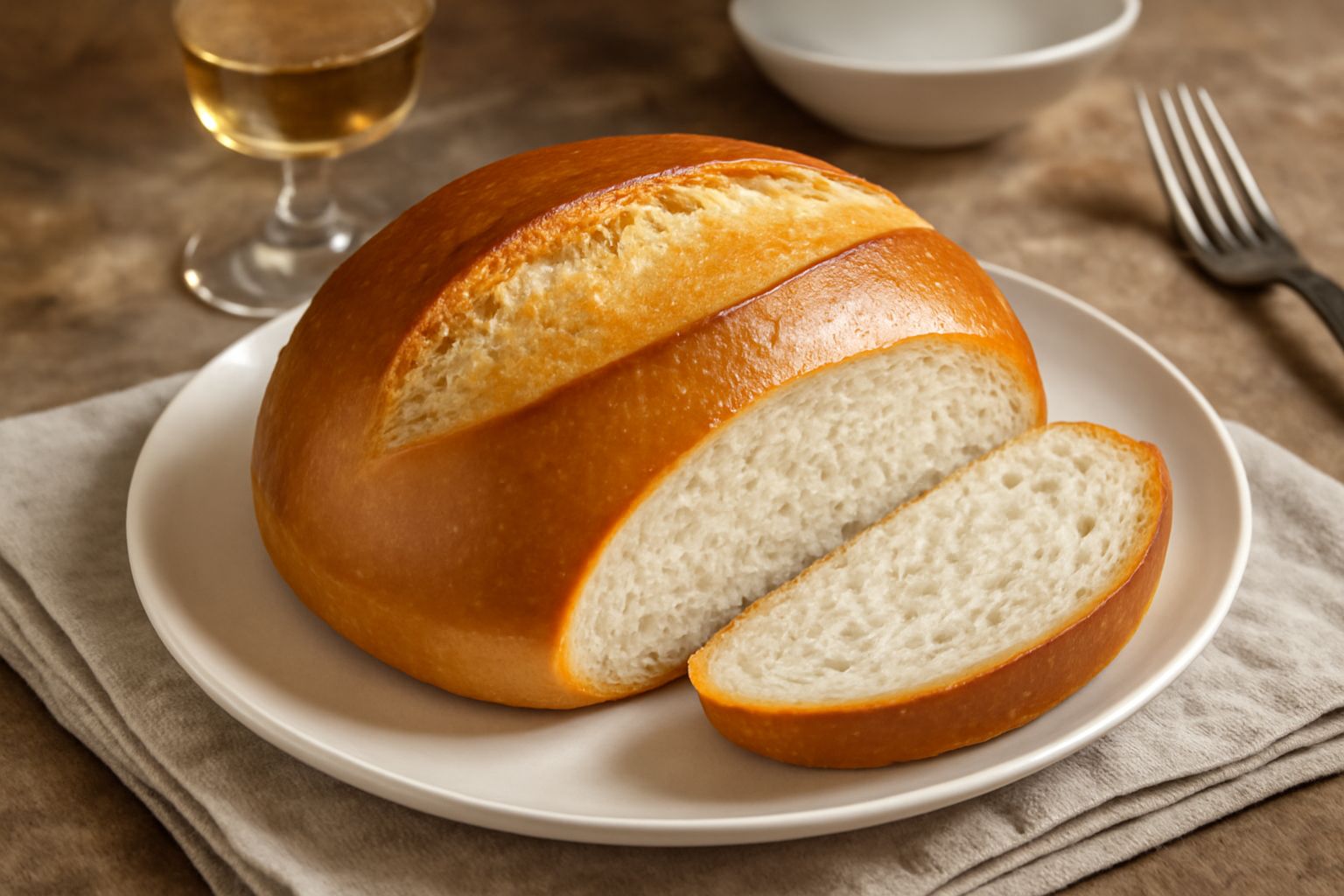 Pane di semola cremonese appena sfornato, con crosta liscia e brillante color oro, tagliato a metà per mostrare la mollica bianca e soffice, su un tagliere di legno con spighe di grano