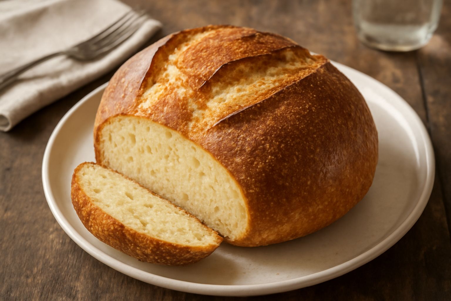 Pane di semola di grano duro appena sfornato con crosta marrone dorata, tagliato a metà per mostrare la miga giallo-beige compatta e regolare, poggiato su un canovaccio bianco di lino