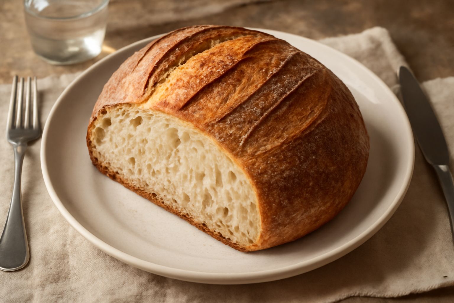 Pane di semola di Siracusa da forno: una pagnotta rotonda con crosta scura, dorata e croccante, striature pronunciate sulla superficie, tagliata a metà per mostrare l'interno bianco panna e spugnoso, 