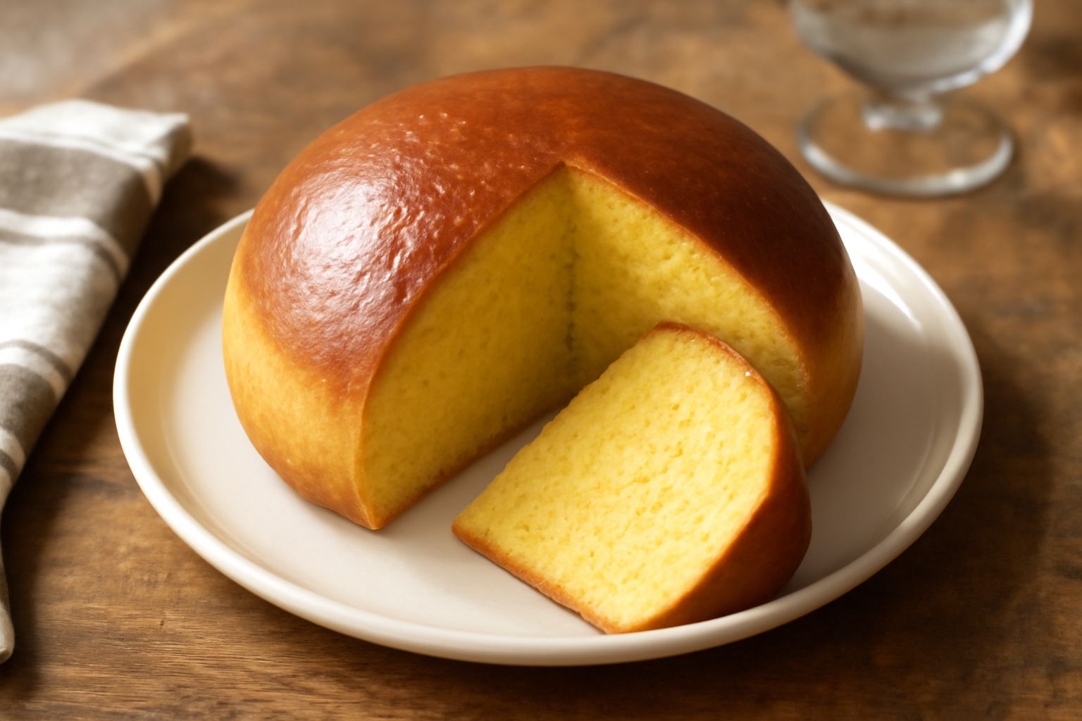 Un pane di semola dolce rotondo e dorato appena sfornato, con crosta liscia color caramello, poggiato su un canovaccio bianco, con una fetta tagliata che mostra l'interno giallo morbido e una mandorla