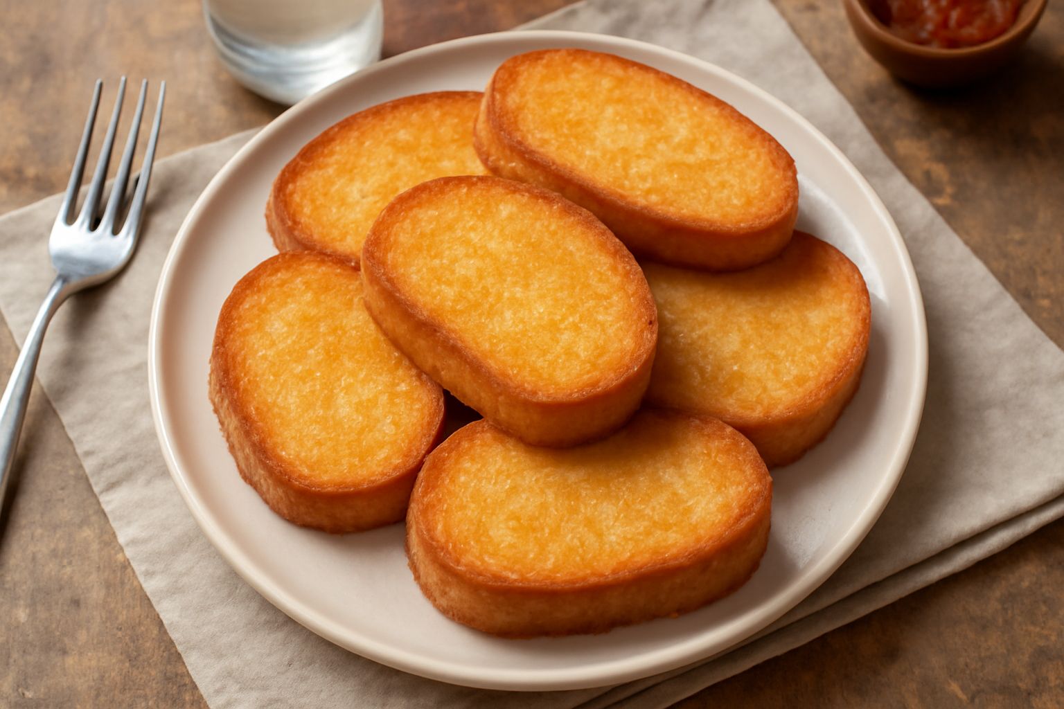 Fette di pane fritto dorate e croccanti in un piatto bianco, ancora fumanti, cosparse di sale grosso e accompagnate da verdure fresche crude, su una tovaglia di lino naturale