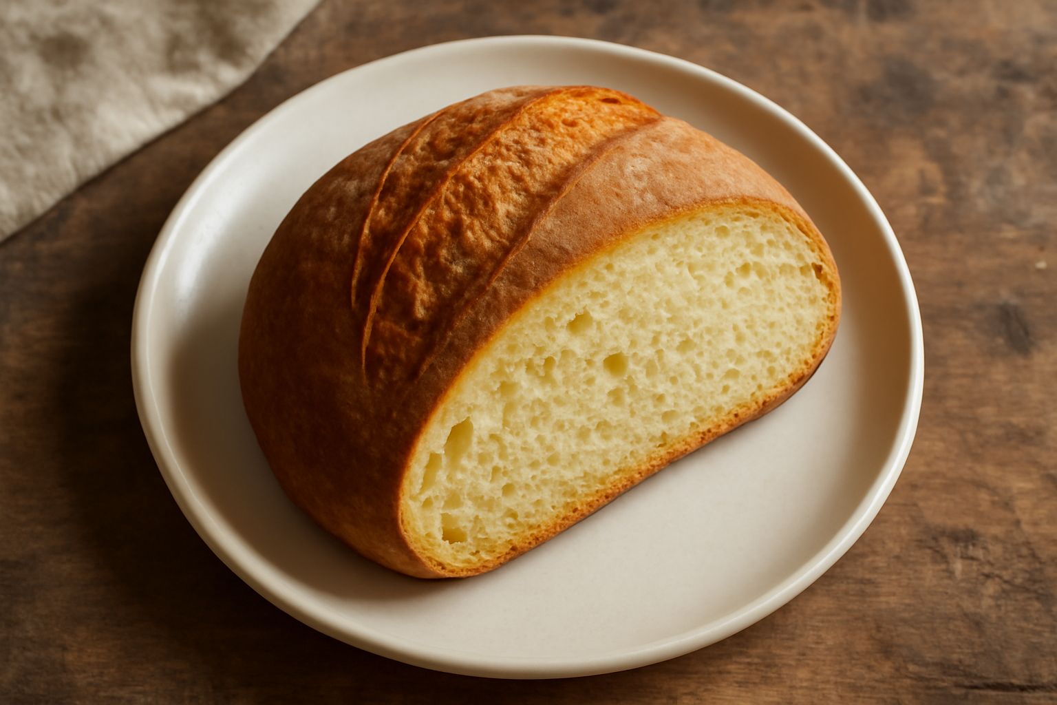 Pane di semola rimacinata a fette, tagliato di fresco, con crosta color oro brunastro e mollica gialla chiaro, vapore appena visibile, impiattato su una tavola di legno con spighe di grano accanto