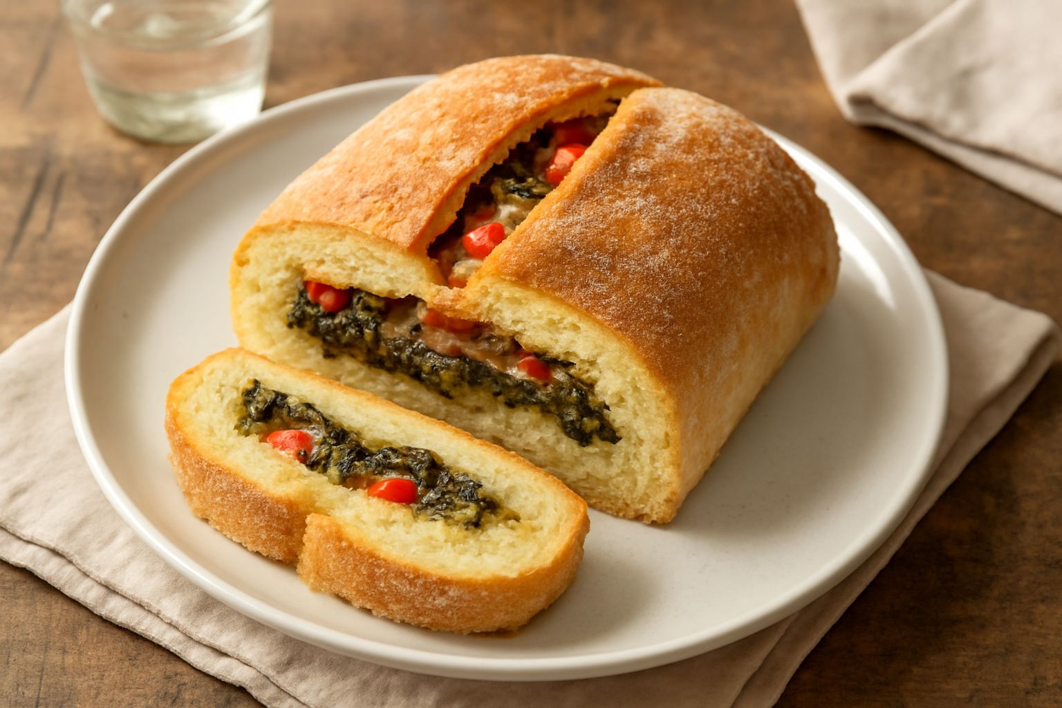 Pane di semola ripiena tagliato a metà su un tavolo di legno, mostrando il ripieno di verdure e formaggi, con la crosta dorata e friabile ben visibile.