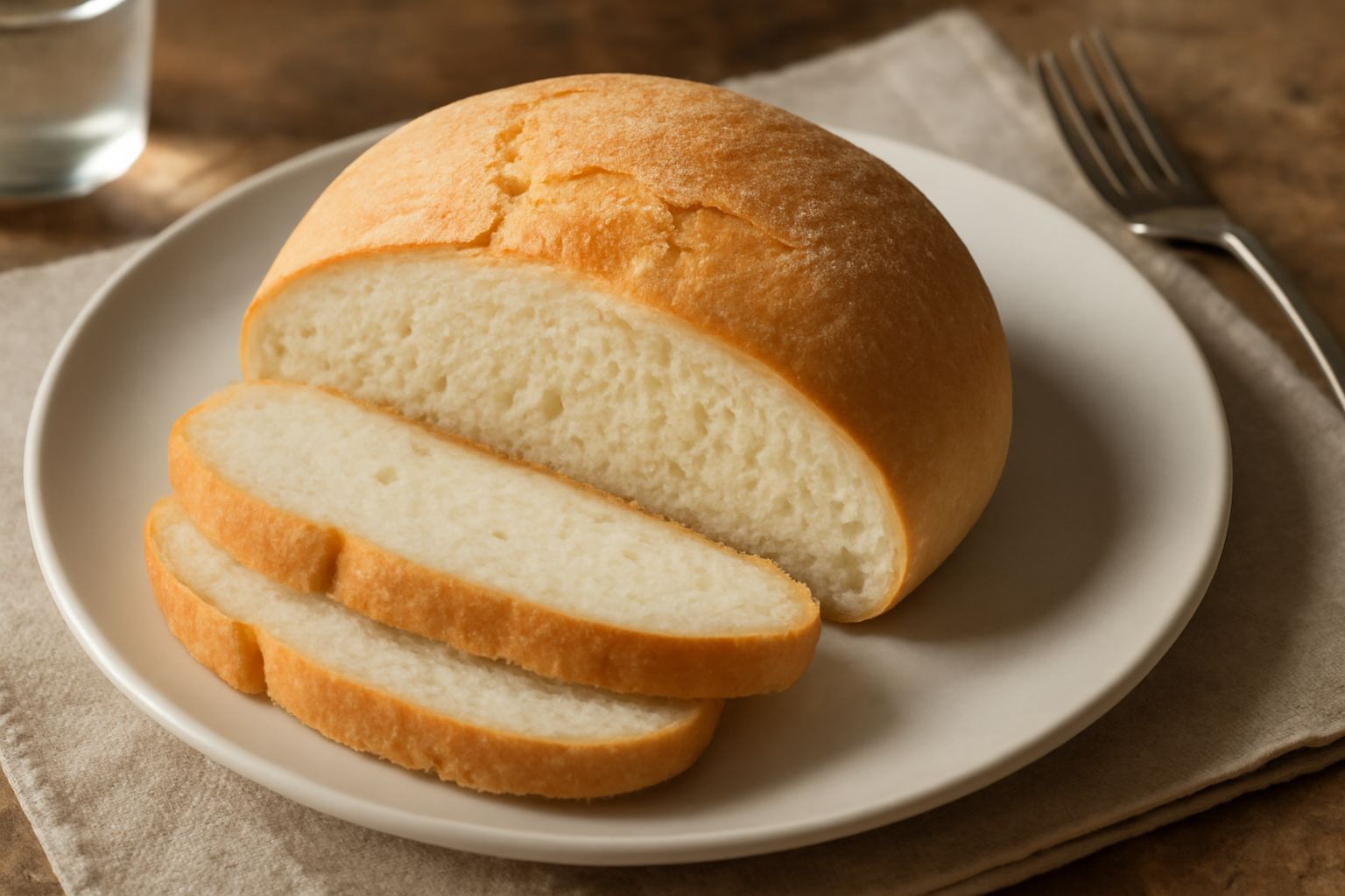 Pane di Siena rietino intero appena sfornato, con crosta dorata sottile e superficie leggermente rugosa, affettato a mostrare la pasta bianca e soffice all'interno, disposto su una tavola di legno con