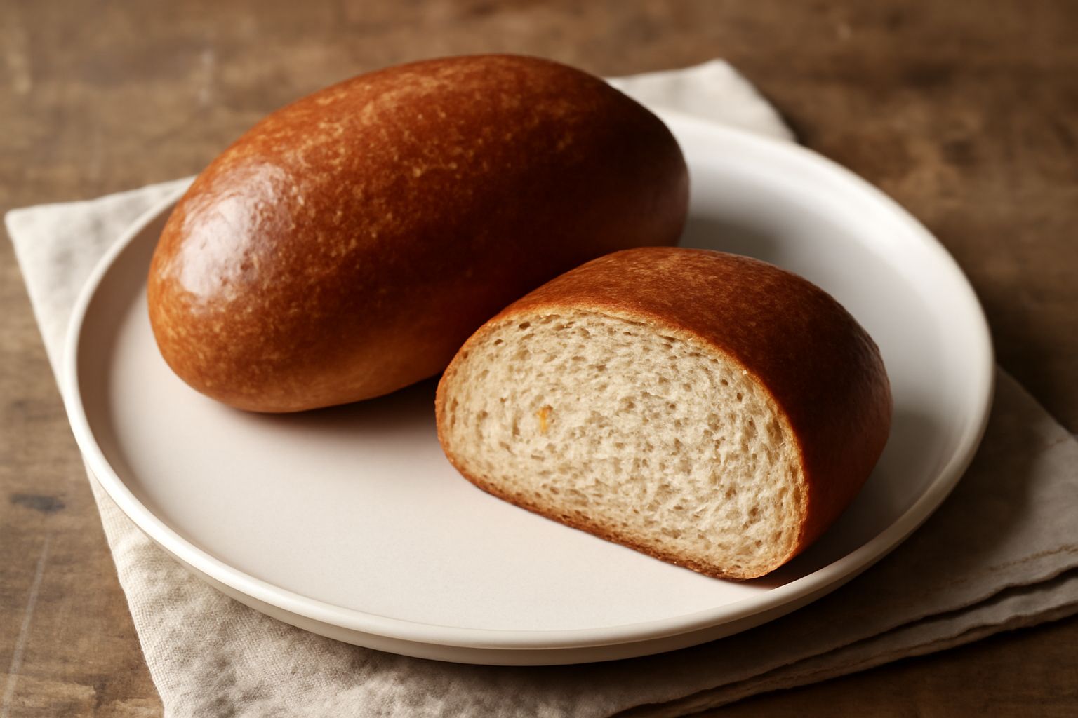 Un pane di forma oblunga con crosta marrone dorata, tagliato a metà su un tavolo di legno, mostrando internamente una mollica color crema con struttura porosa e alveolata