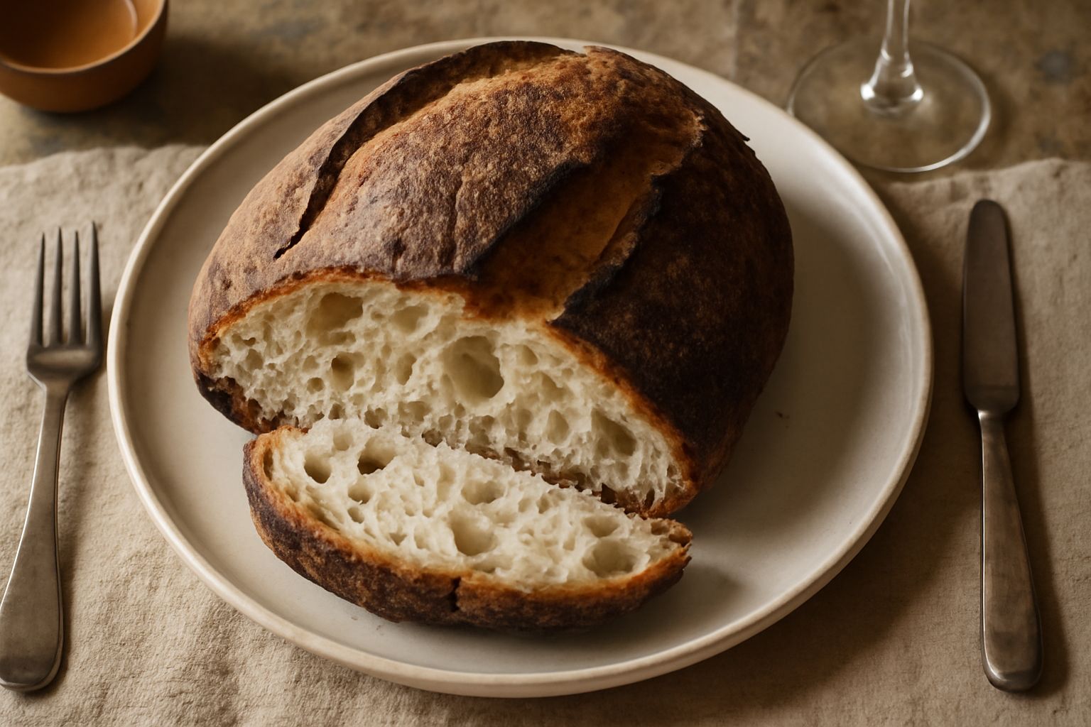Pane di forma ovale con crosta marrone scuro e affumicata, spezzato in metà per mostrare la mollica bianca e porosa, impiattato su un tavolo in legno naturale
