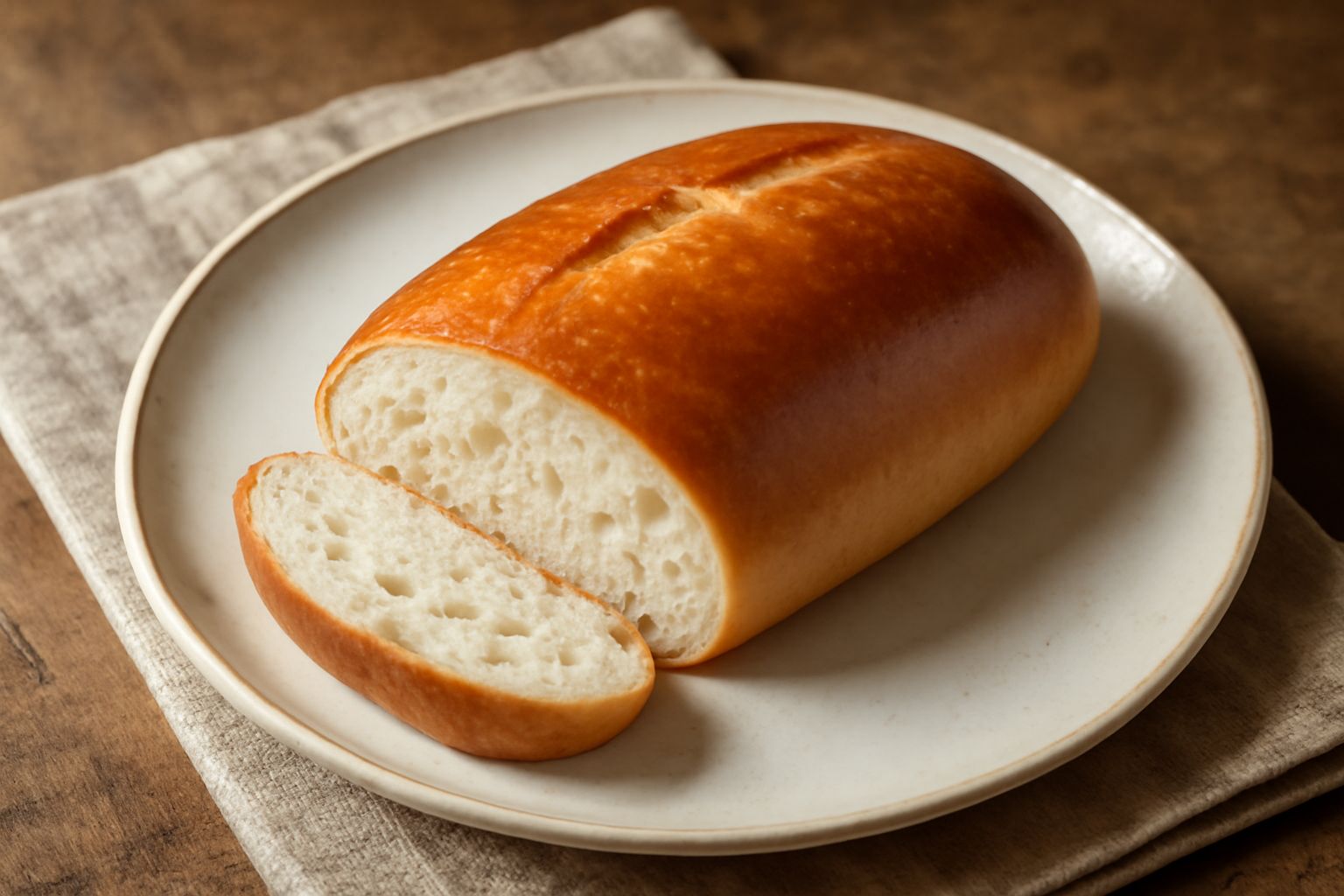 Pane di Sorrento con crosta dorata sottile, mollica bianca e soffice, tagliato a metà su un piatto di ceramica bianca, con una goccia d'olio d'oliva sul bordo