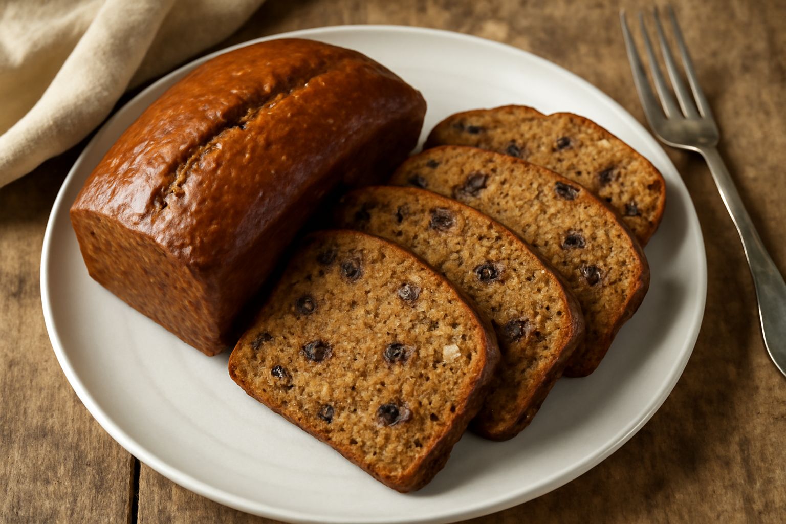 Pane di specie appena sfornato, con crosta dorata uniforme, tagliato a fette spesse che mostrano l'interno morbido e screziato di noci e uvetta, servito su una tavola di legno