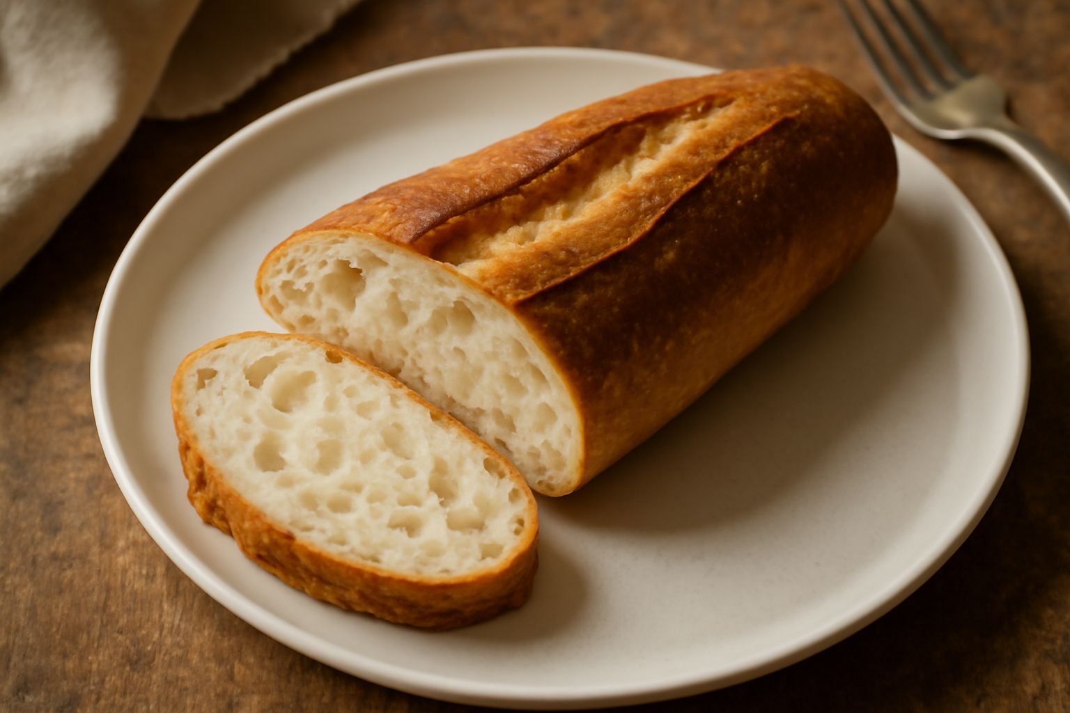 Pane di Spoleto appena sfornato, con crosta dorata uniforme e screpolature superficiali, poggiato su un canovaccio di lino bianco; la mollica visibile dal taglio è soffice e alveolata, con tonalità av