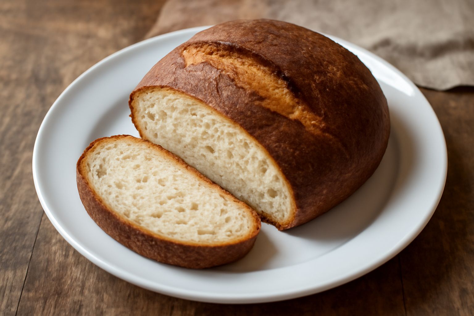 Pane di Sulmona intero e affettato su un tagliere di legno, crosta marrone scuro croccante, mollica bianca con alveoli regolari, farina sparsa attorno