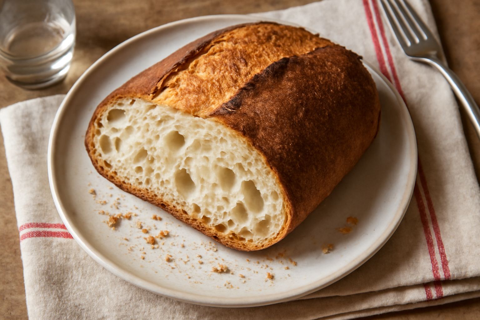 Pane di Taranto appena sfornato con crosta marrone dorata, forma ovale leggermente appiattita, sezione trasversale che mostra mollica bianca e alveolata, riposto su una tavola di legno scuro con farin