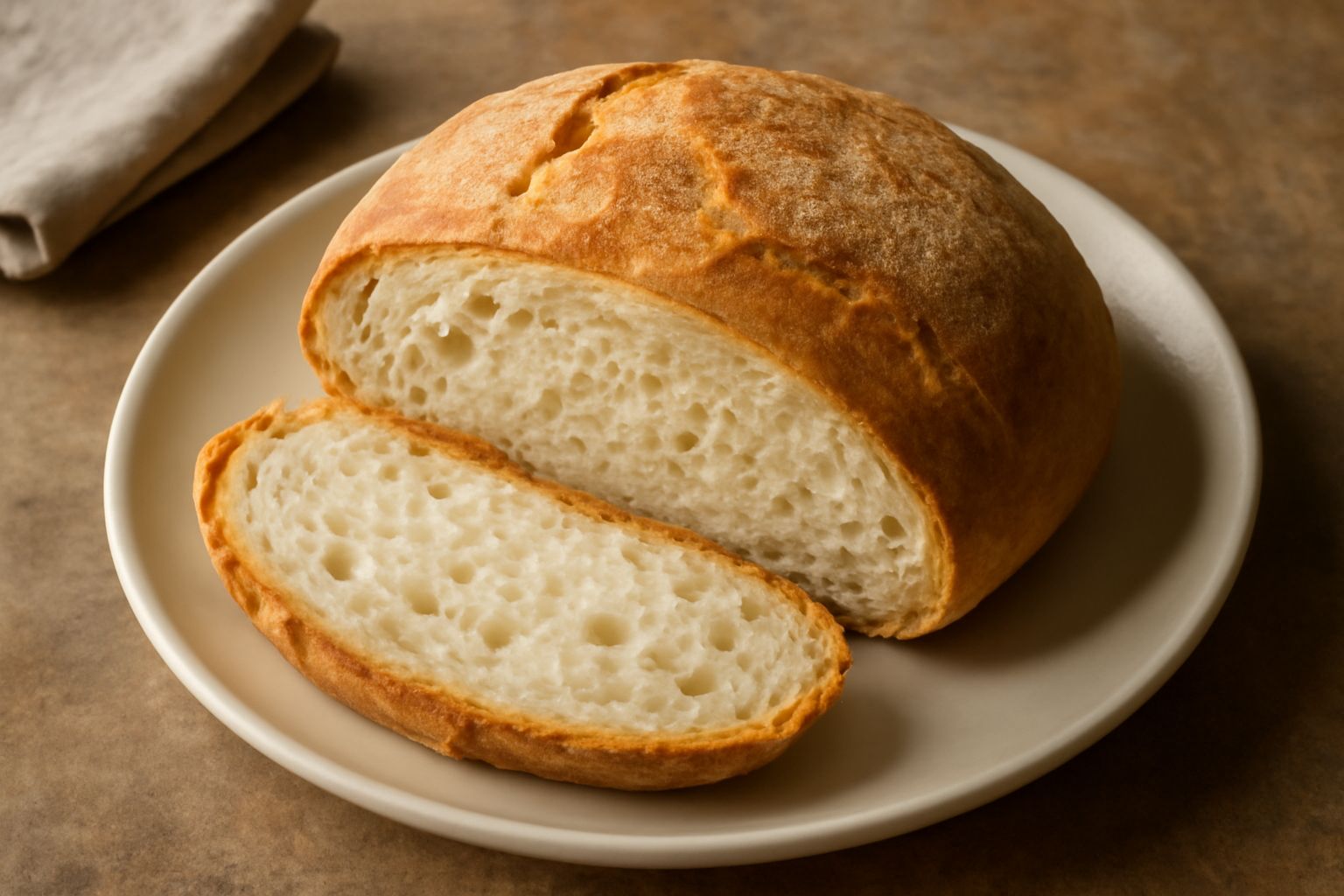 Pane di Termoli intero e affettato appoggiato su una tavola di legno, con crosta dorata uniforme, mollica color crema chiaro visibile dalle fette, su sfondo bianco neutro