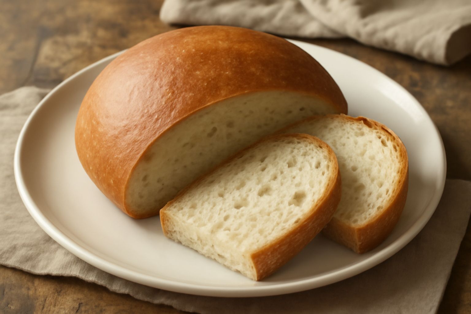Pane di Terni intero e affettato su un tagliere di legno, con crosta color nocciola dorata, mollica bianca e soffice, accanto a spighe di grano