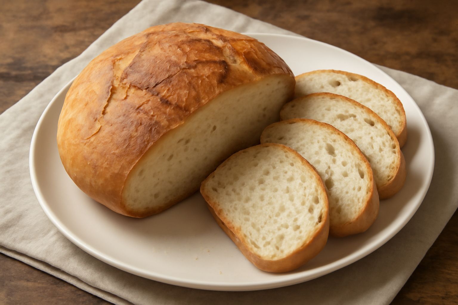 Pane toscano a fette, tondo con crosta dorata e screpolature, mollica bianca e soffice visibile al taglio, posato su una tavola di legno con chicchi di grano