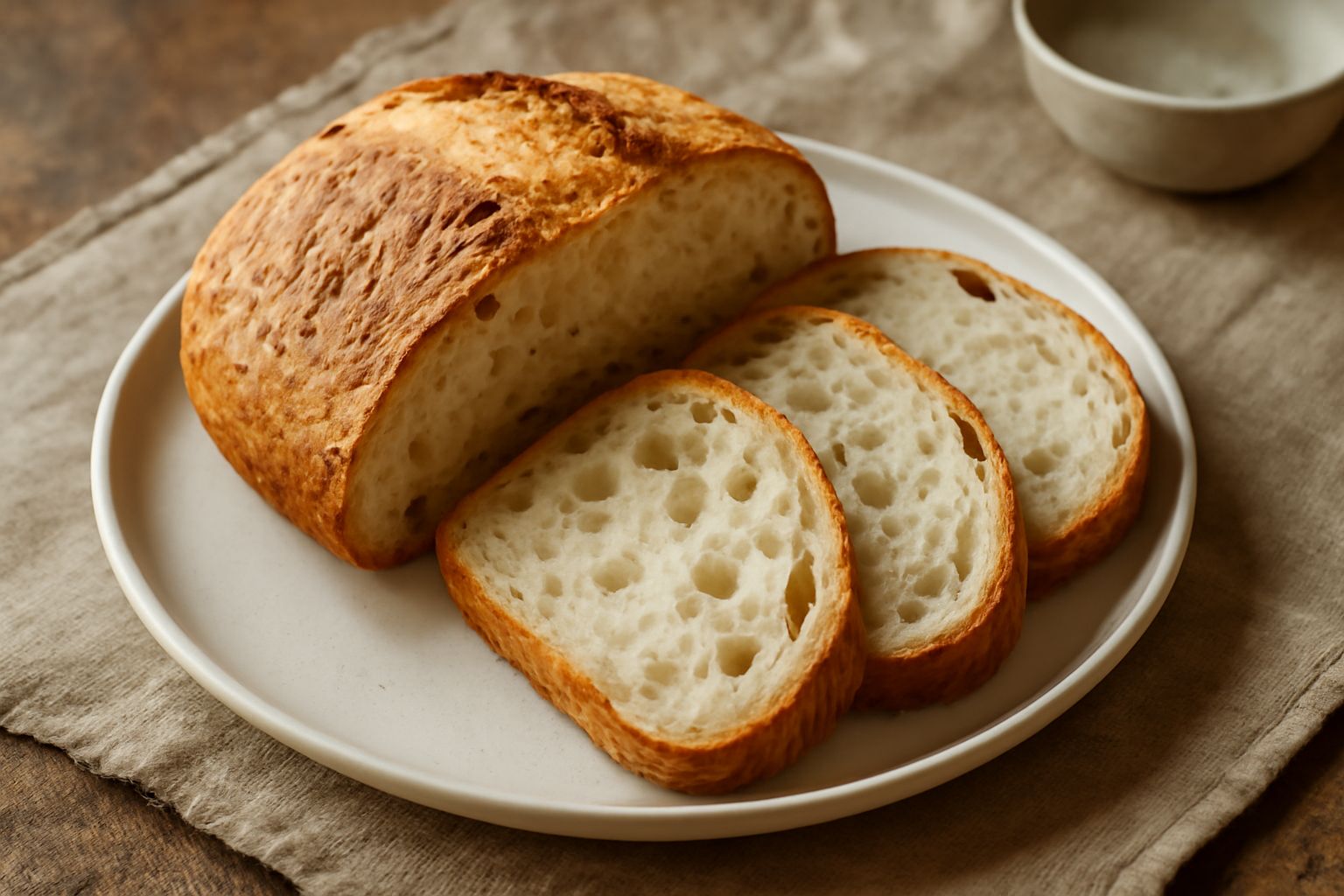 Pane di Toscolano-Maderno appena sfornato con crosta dorata e screpolature naturali, tagliato a metà che mostra la mollica bianca e alveolata, posato su tavolo di legno con farina spolverata