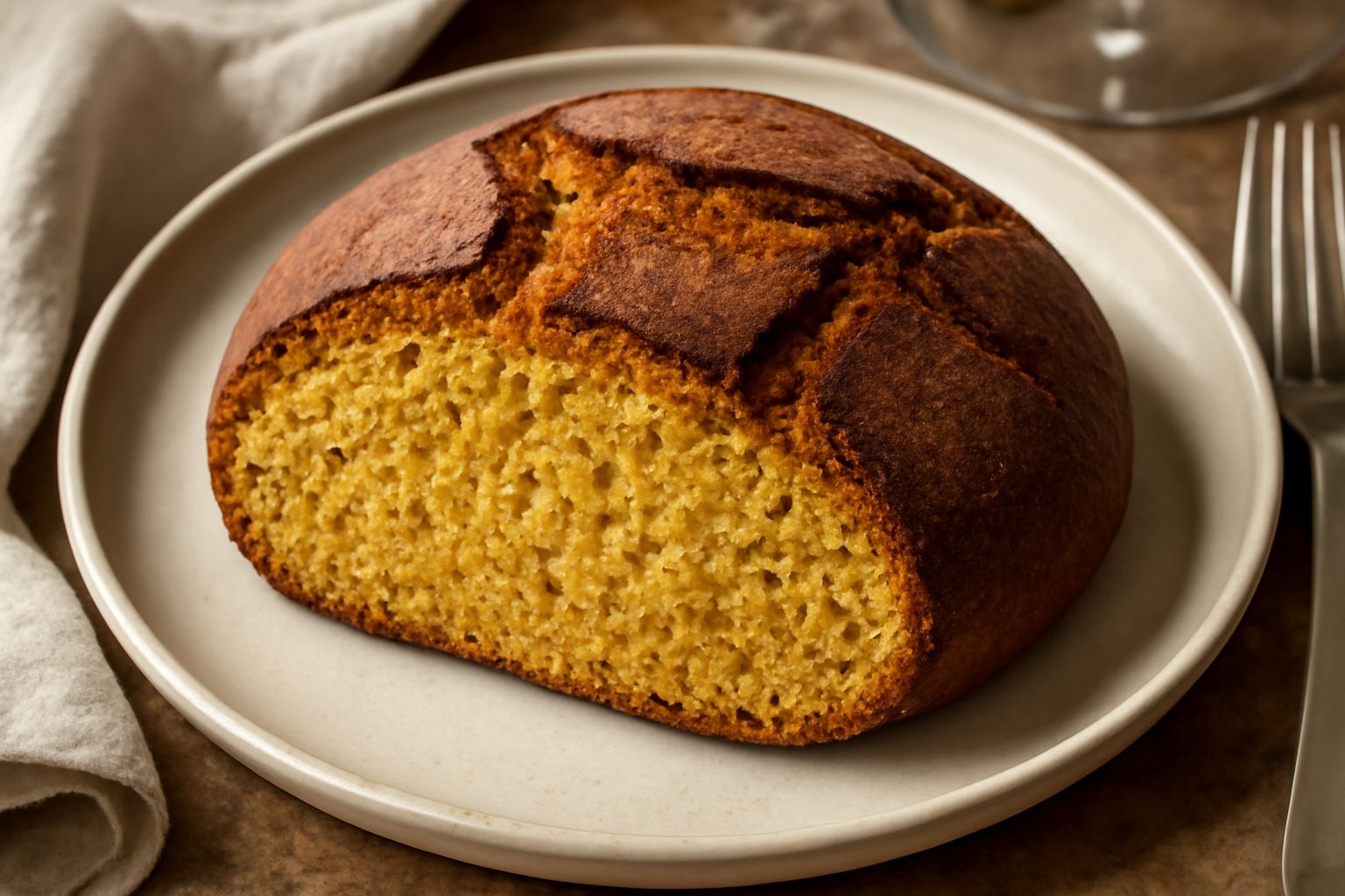 Pane di Treviso tagliato a fette su un tavolo di legno, con crosta dorata scura e mollica giallo-beige compatta visibile alla frattura, accanto a spighe di mais giallo