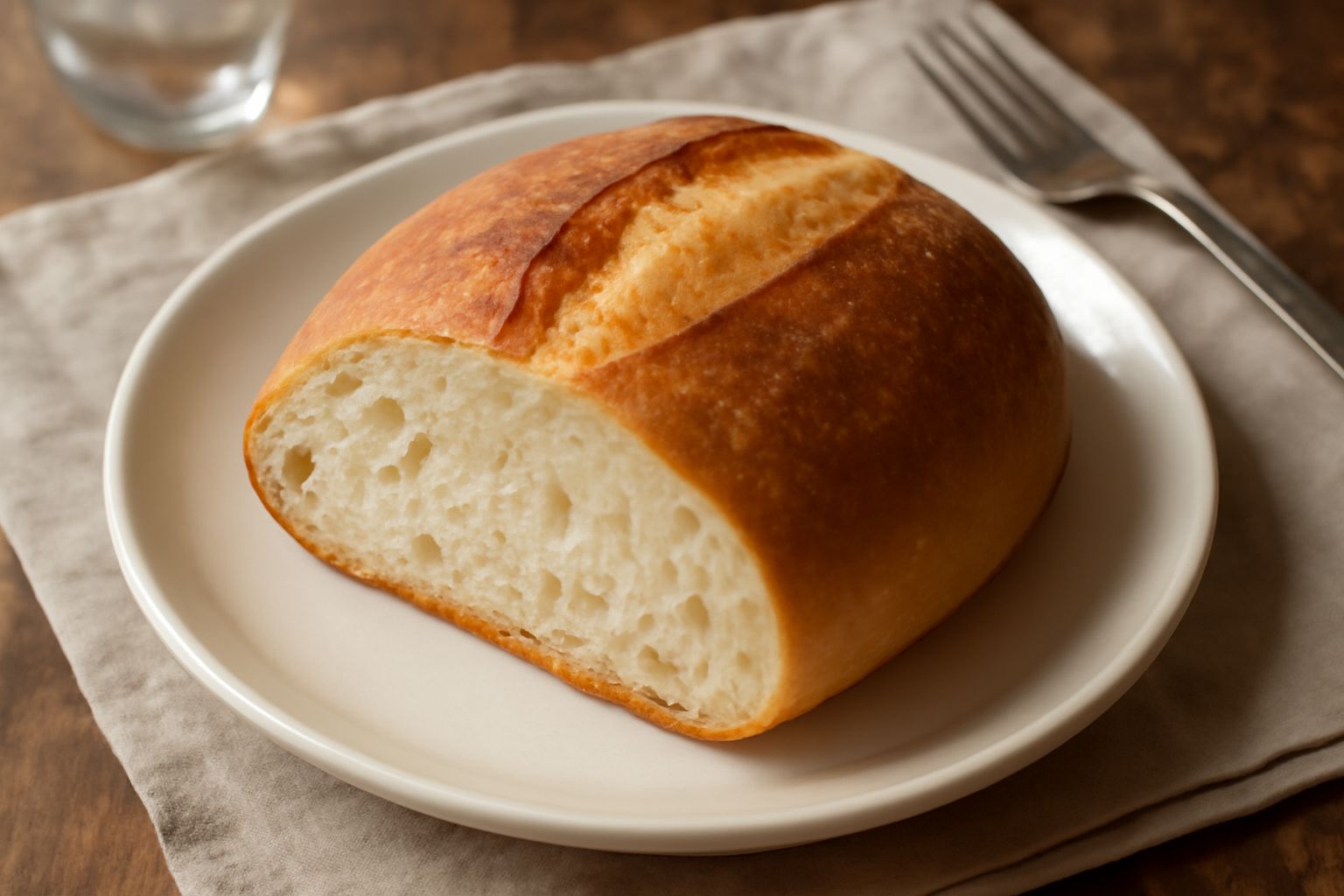 Pane di Udine intero e affettato su tavolo di legno, crosta dorata e croccante, mollica bianca uniforme, tagliato con coltello da pane