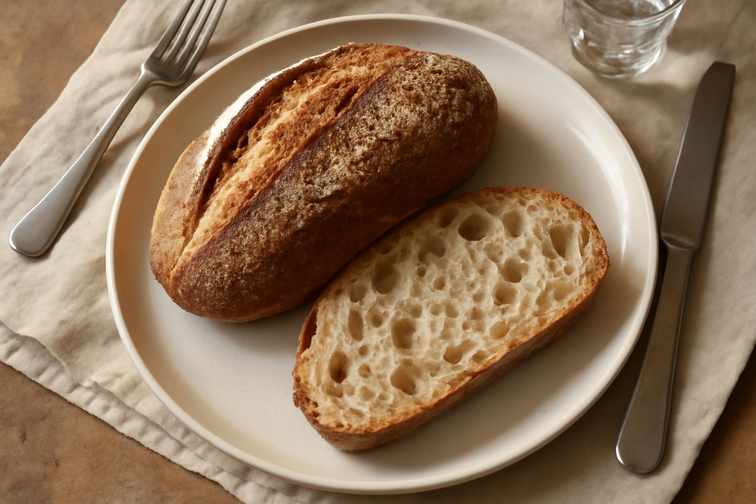 Pane di Verolanuova appena sfornato, color oro scuro, con crosta croccante e screpolature naturali, tagliato a metà per mostrare la mollica alveolata e soffice, su un tavolo di legno con spighe di gra