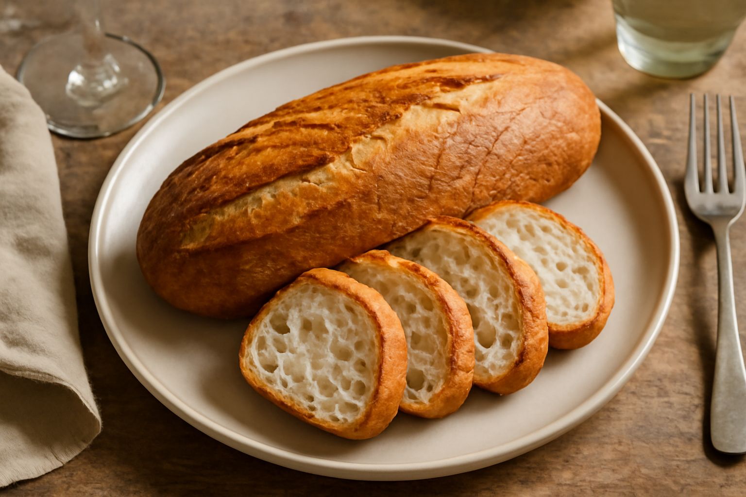 Pane di Verona intero e affettato, dalla crosta dorata e irregolare, con miga bianca e alveoli grandi visibili, posato su tavolo di legno naturale