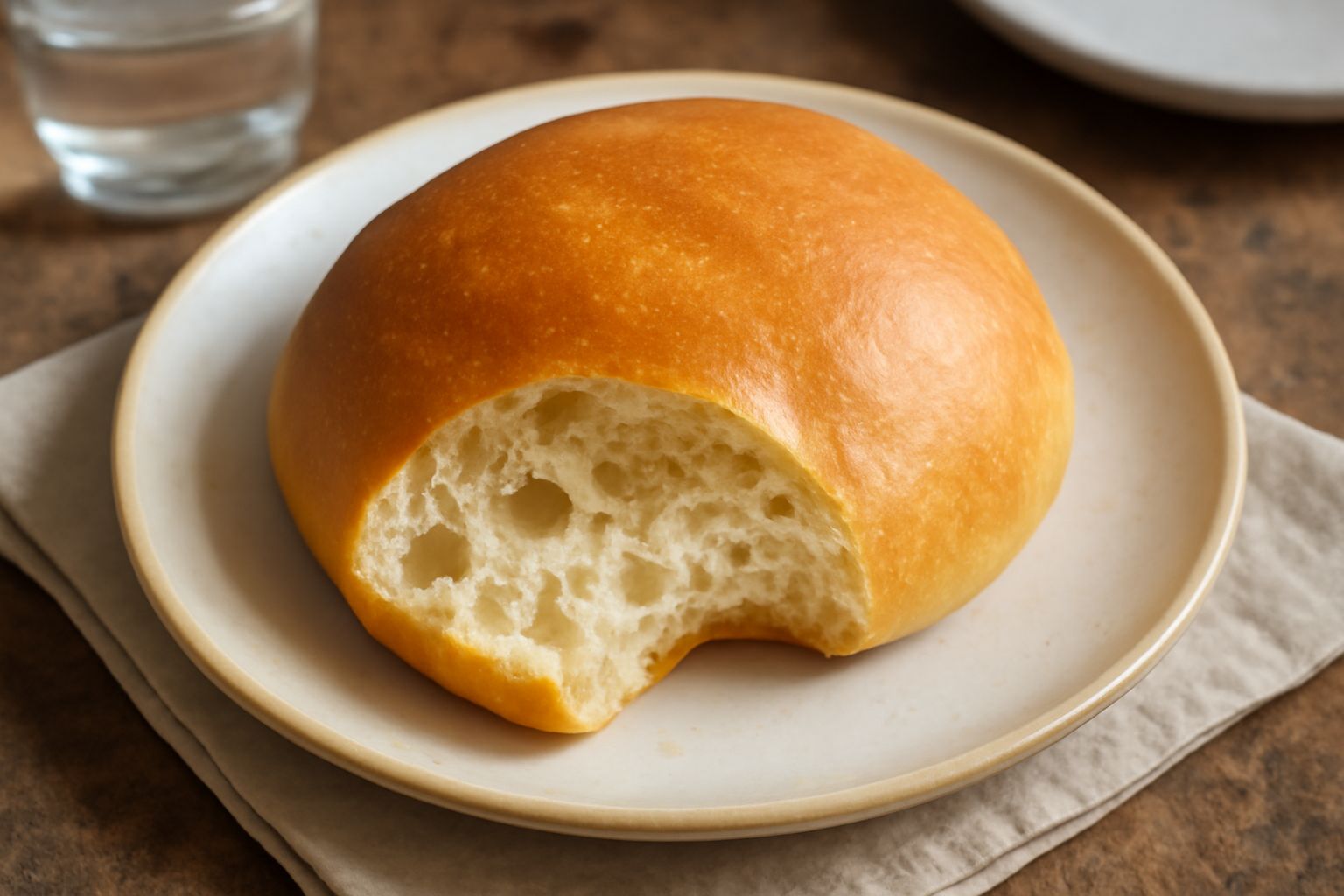 Pane di Vigevano con crosta dorata sottile, mollica bianco-crema visibile dalla spaccatura, poggiato su tela di lino bianca, farina leggermente sparsa intorno