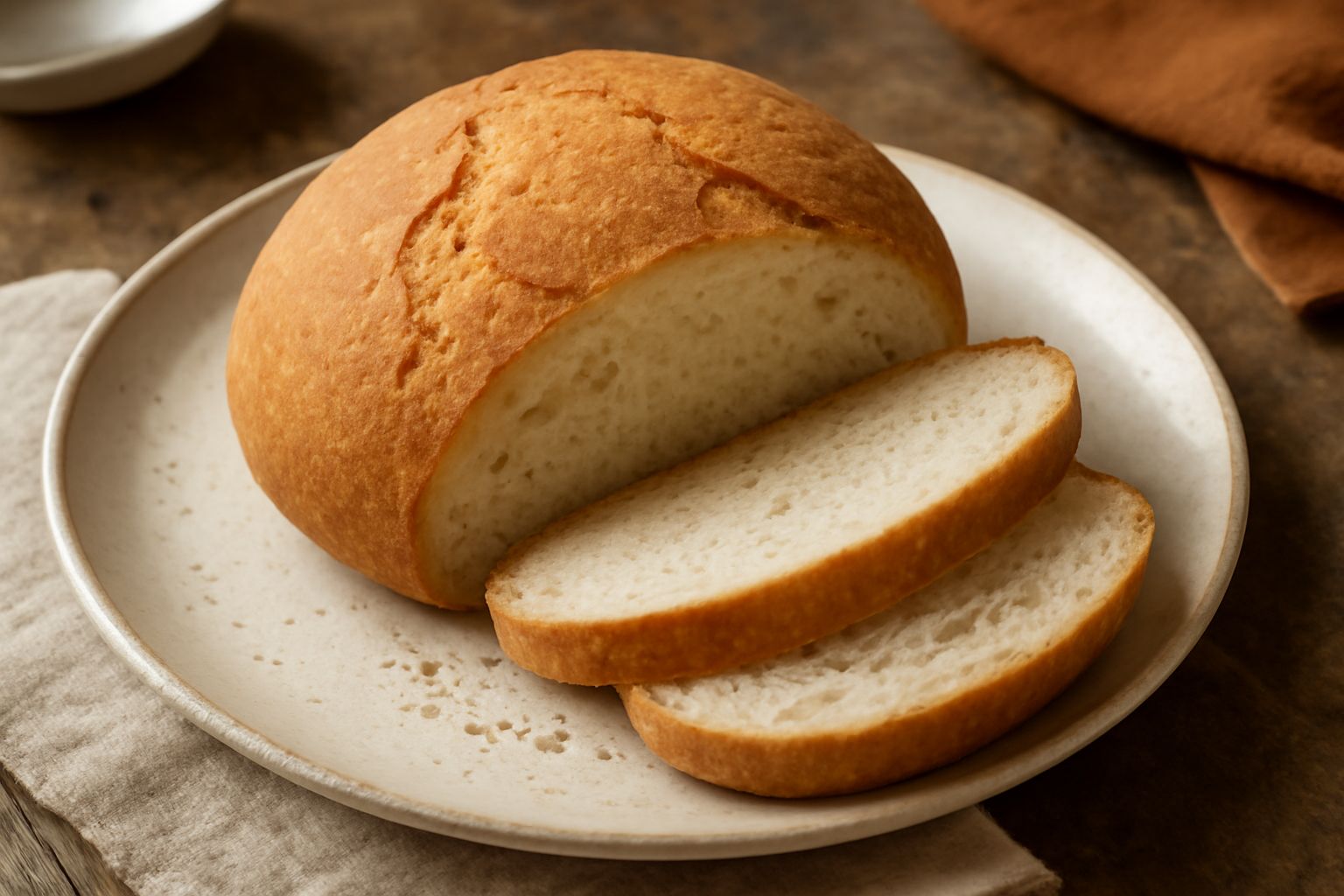 Pane di Viterbo intero e affettato su tagliere di legno, crosta dorata e opaca, interno bianco crema con alveoli irregolari, vapore ancora visibile dalla fetta appena tagliata