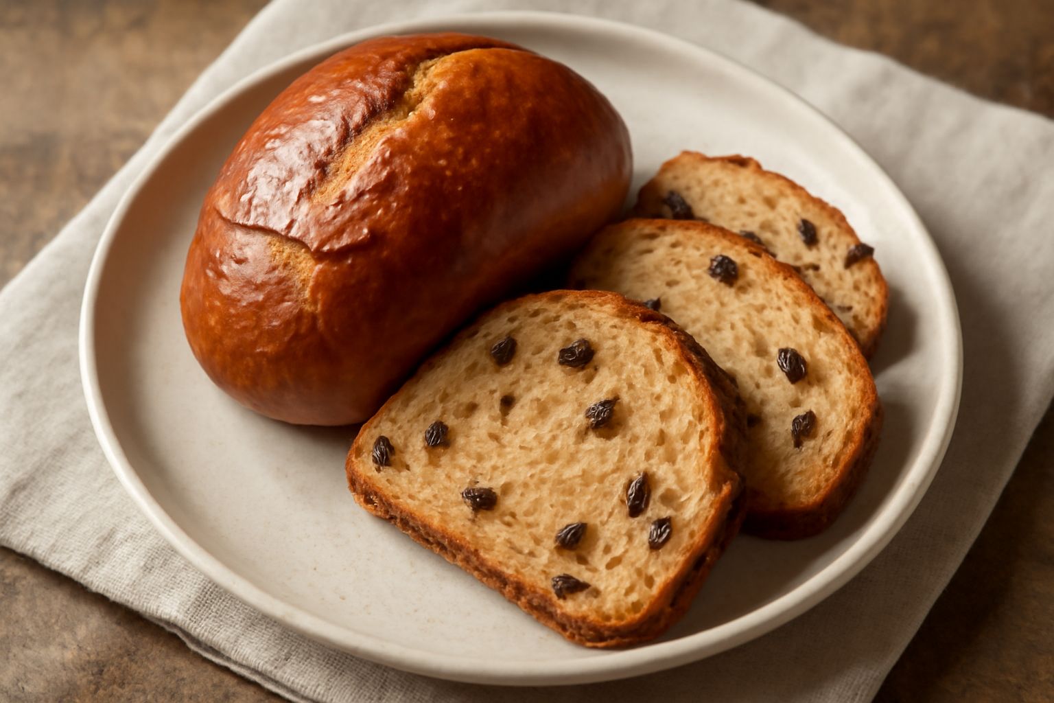 Pane dolce dorato a fette su un tagliere di legno, con uvetta visibile sulla superficie, accanto una tazza di latte e una bottiglia di marmellata