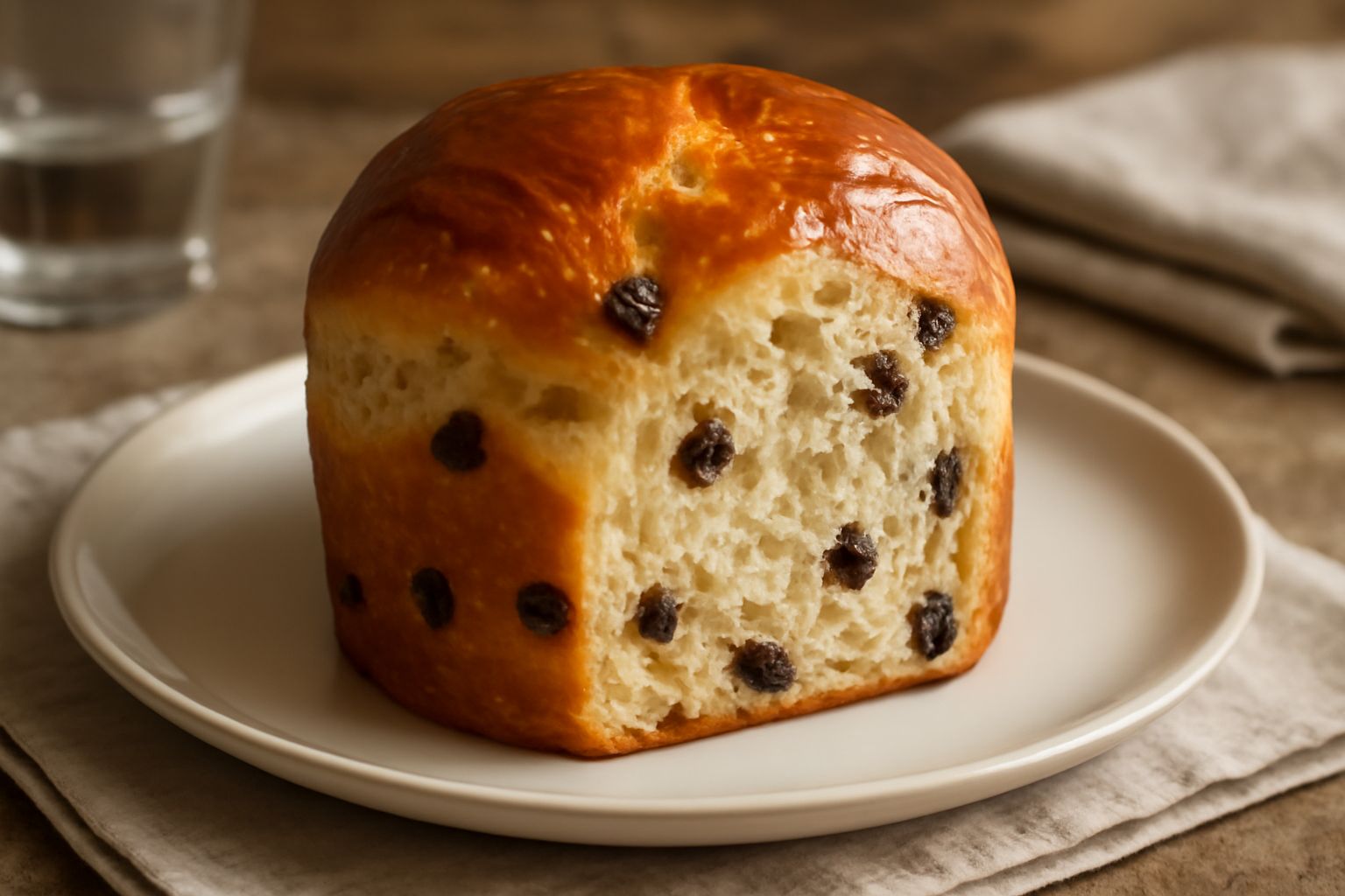 Pane dolce appena sfornato color oro, tagliato a metà con uvetta visibile all'interno, su un piatto di ceramica bianca con un coltello da pane accanto