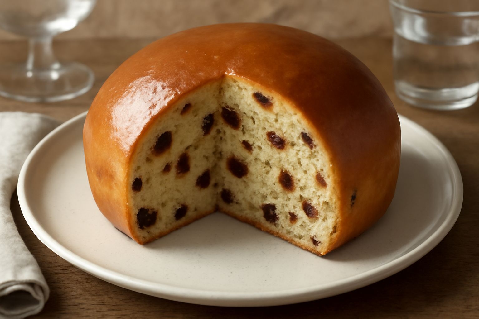 Pane dolce beneventano a fette su un tagliere di legno, con crosta dorata, visibili i pezzi di uva sultanina e frutta candita, accanto una tazza di caffè bianca