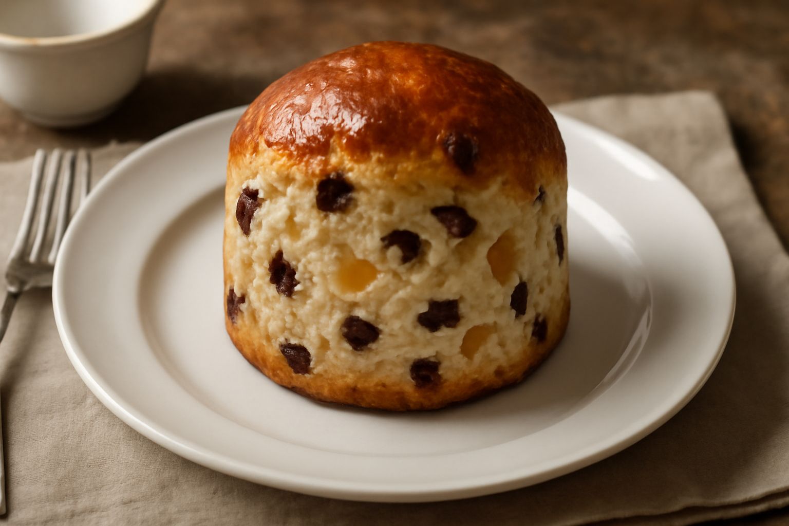 Pane dolce del Comasco a fette su un piatto di ceramica bianca, con uvetta scura e pezzi di frutta candita gialla visibili nella mollica, superficie dorata e leggermente lucida, fondo grigio chiaro.