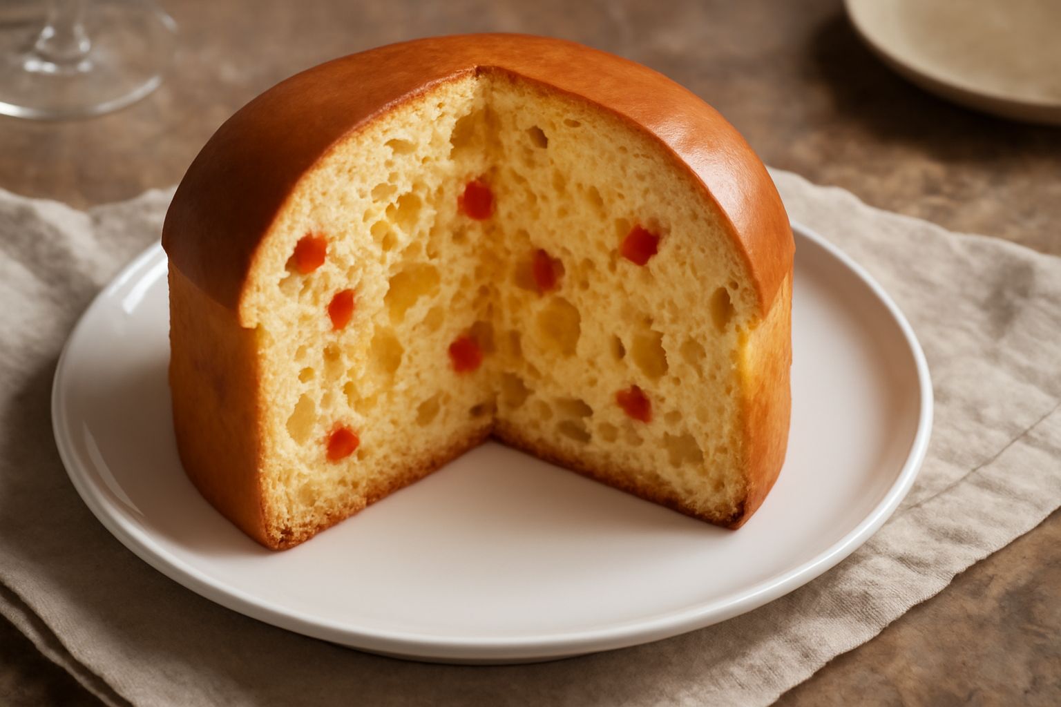 Panettone affettato su piatto bianco, dalla mollica morbida e dorata con canditi rossi e gialli visibili, guarnito in alto con pistacchio tritato, su sfondo di natale rustico con rami di abete.