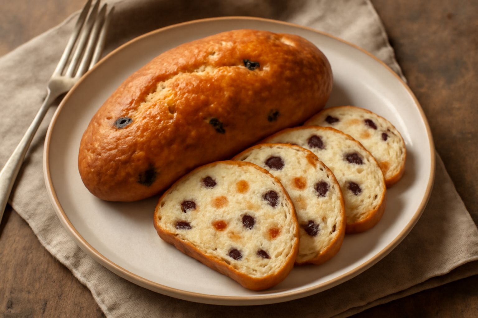 Pane dolce di Cuneo dorato e arrotondato, affettato, con visibile la mollica soffice beige punteggiata di uvetta scura e canditi chiari, su tavolo di legno con coltello