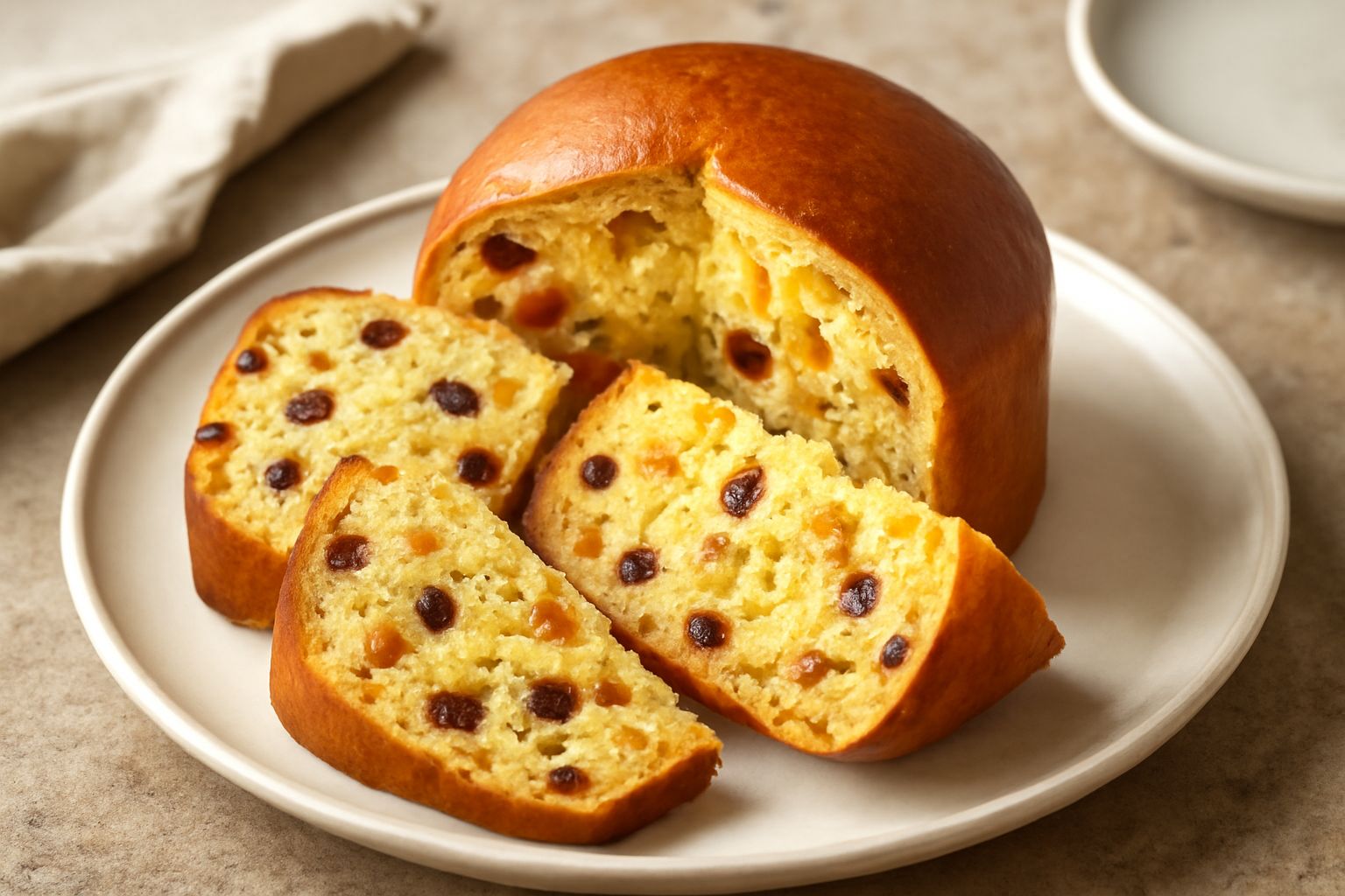 Pane dolce a fette su un piatto bianco, crema chiara all'interno con uvetta visibile e frutta candita, superficie dorata e liscia, vapore leggero