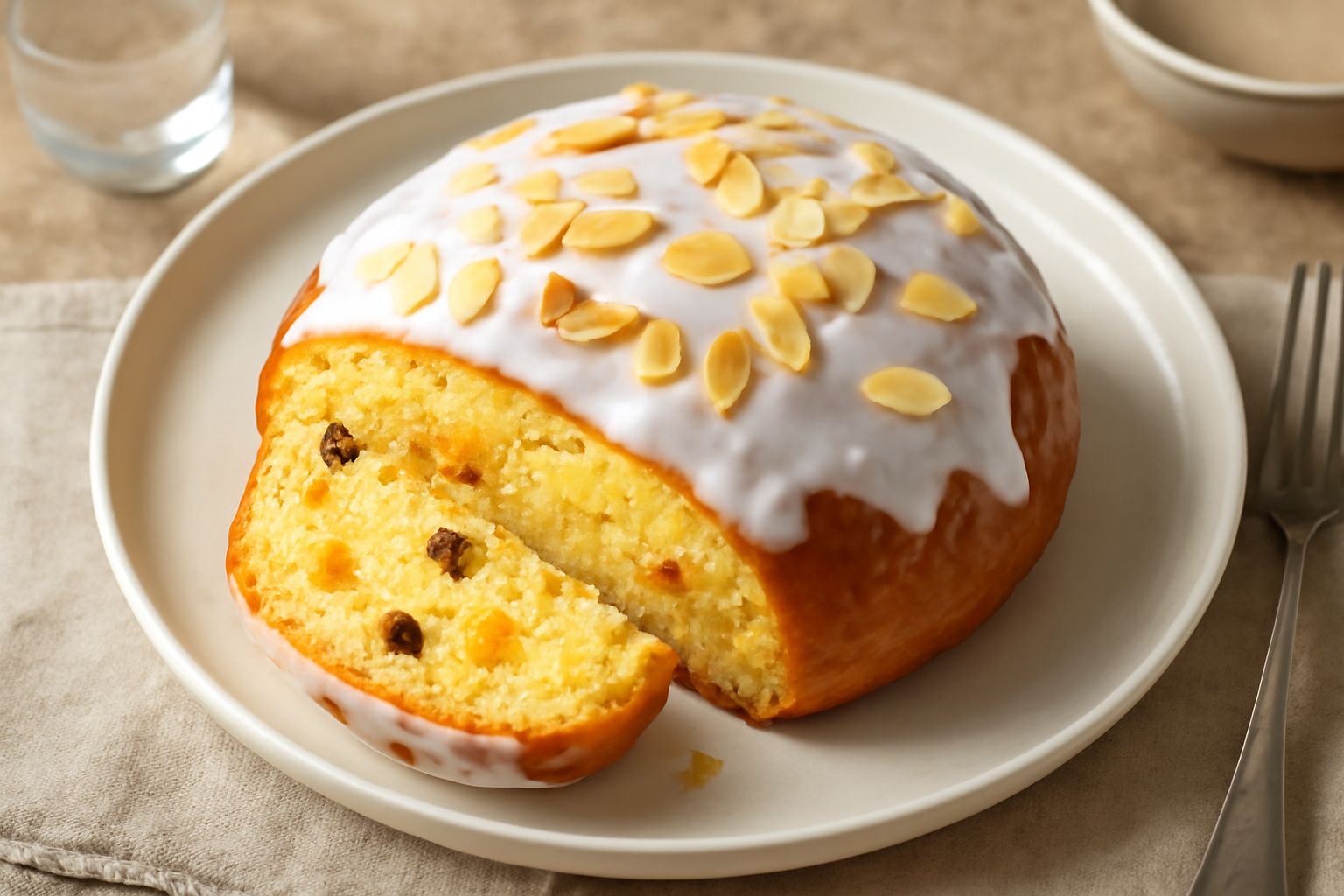 Pane dolce di Pasqua dorato con glassa bianca, frutta candita arancione visibile in sezione, poggiato su tovaglia di lino beige, con uova di cioccolato sfocate sullo sfondo