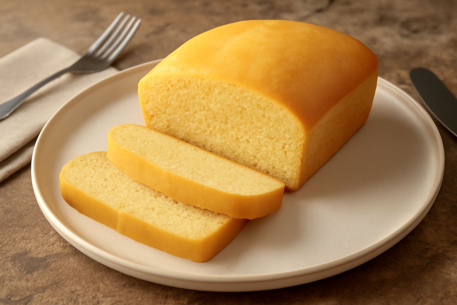 Pane dolce di riso affettato, di colore giallo paglierino, con crosta dorata e miga soffice e uniforme, servito su un piatto bianco con una fetta leggermente discos distaccata